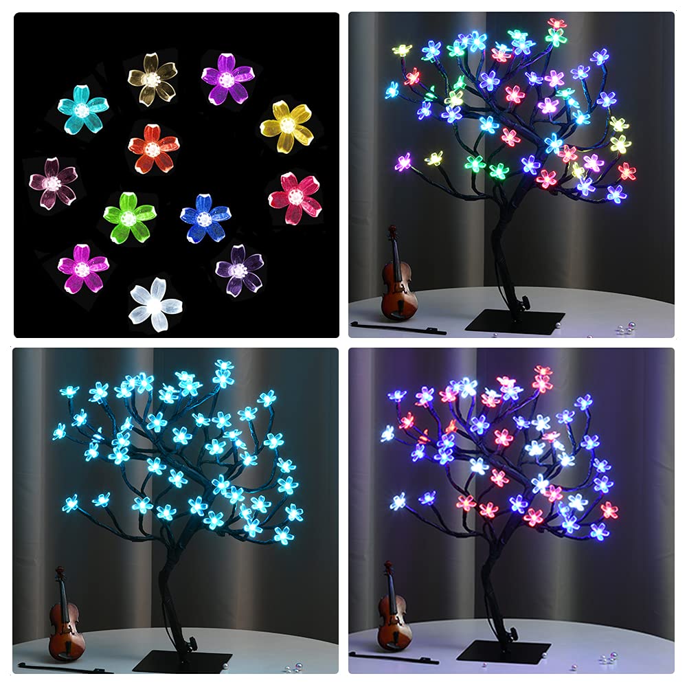 Pooqla 18 Inch 48 LED RGB Cherry Blossom Tree Light with Remote 16 Color-Changing LED Artificial Flower Bonsai Tree Table Top Lamp Home Lit Tree Centerpieces Christmas Decor Pooqla