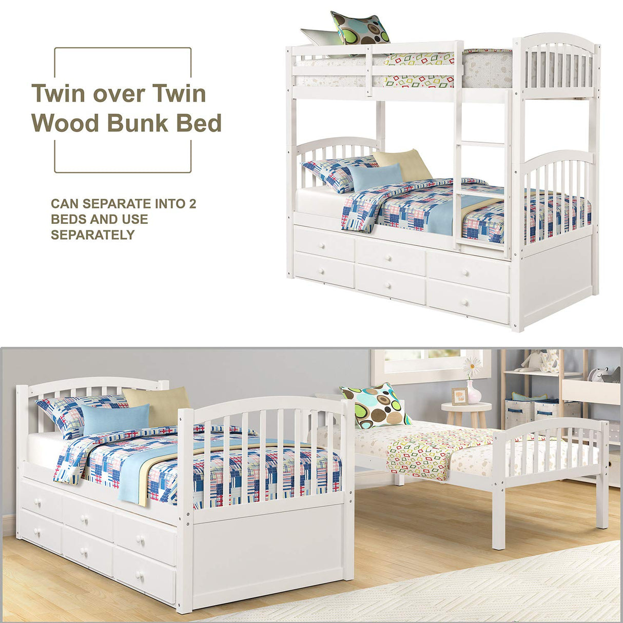 Harper&Bright Designs Twin Over Twin Bunk Bed with Twin Trundle, 3 Storage Drawers, Safety Rail, and Removable Ladder, Can be Separated into 3 Bed, White Harper & Bright Designs