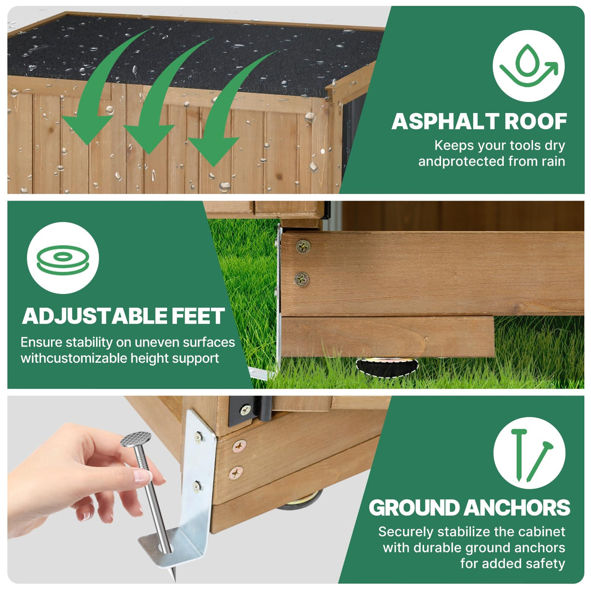 Ketive Outdoor Storage Cabinet Wood & Metal, Tall Tool Shed with Weatherproof, Double Lockable Doors, Removable 3 Shelves, Adjustable Feet for Patio, Garden, Backyard, Lawn, 32" x 15.5" x 66" (Brown) ketive