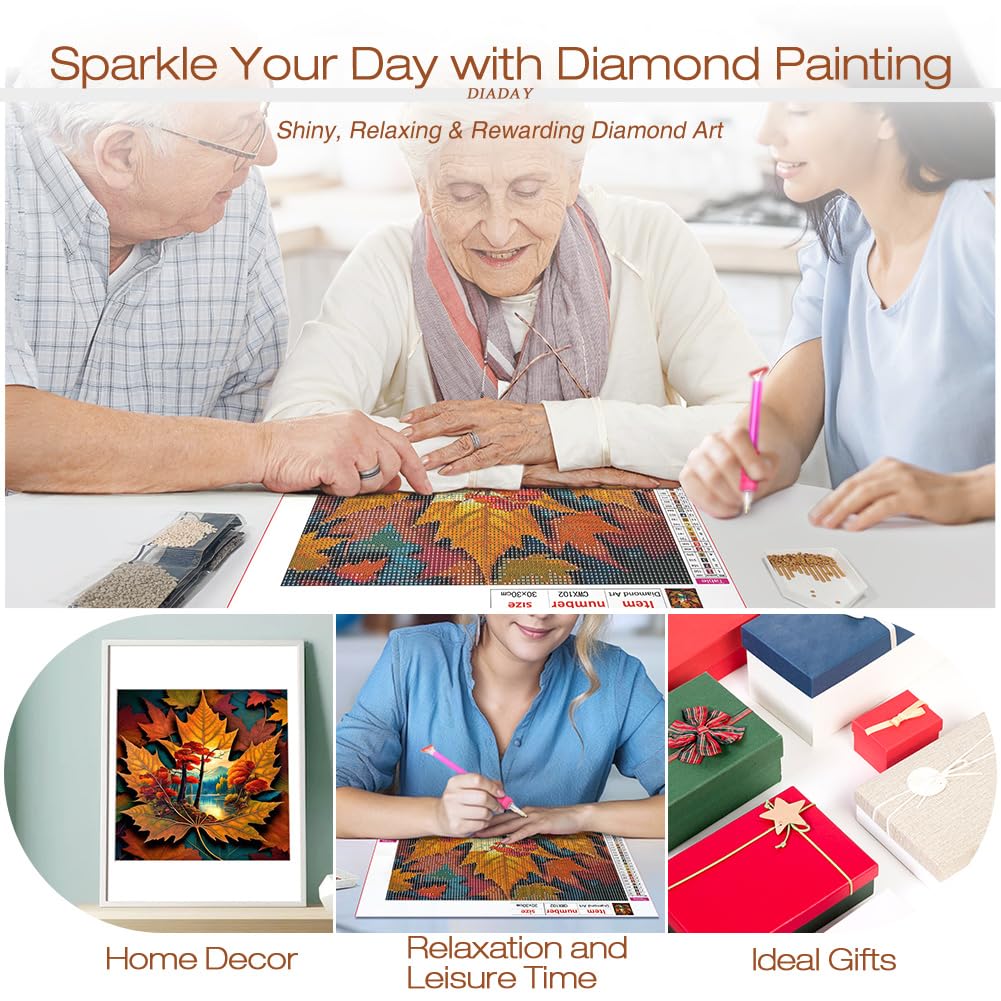 DIADAY Diamond Painting Kit, Fall Leaves Diamond Art Kits for Adults, 5D Full Drill Fall Landscape Diamond Painting, DIY Round Gem Craft Arts Home Wall Decor Gift 12 x 12 Inches DIADAY