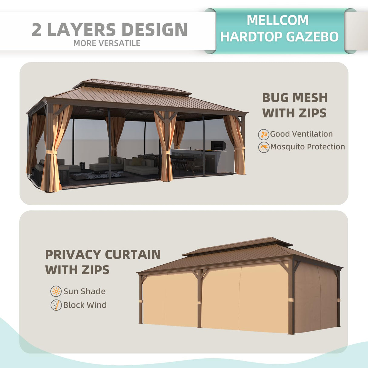 MELLCOM 12' x 22' Hardtop Gazebo,Galvanized Steel Metal Double Roof Aluminum Gazebo with Curtain and Netting,Brown Permanent Pavilion Gazebo with Aluminum Frame for Patios,Gardens,Lawns MELLCOM