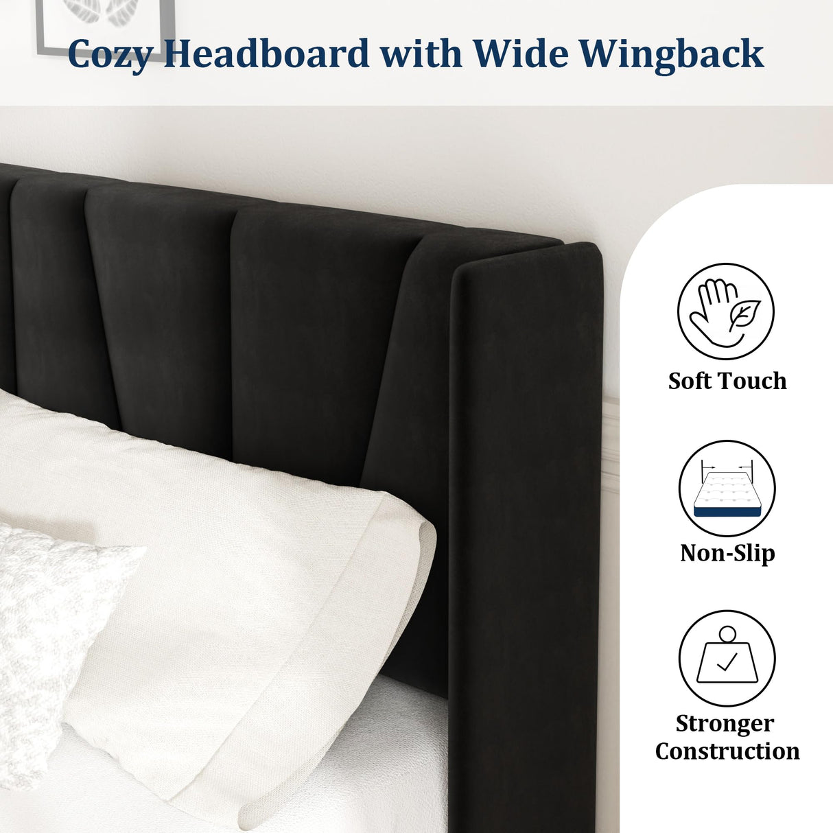 Queen Bed Frame with Headboard and Wingback, Velvet Upholstered Platform Bed, Mattress Foundation with Wooden Slat Support, No Box Spring Needed, Easy Assembly, Noise Free, Black Sismplly