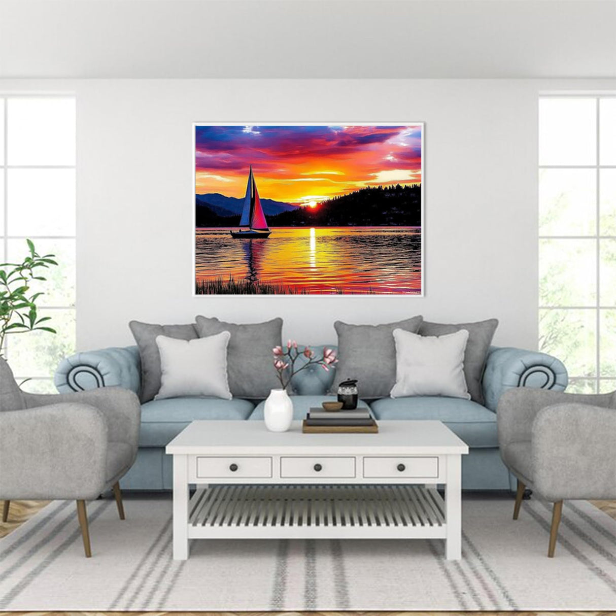 PUAGEMTI Sailboat on The Lake Sunset Diamond Painting Kits for Adults Beginners, 5D DIY Diamond Art Kit, Full Round Drill Diamond Gem Art for Adults, Home Wall Decor 12x16 Inch PUAGEMTI