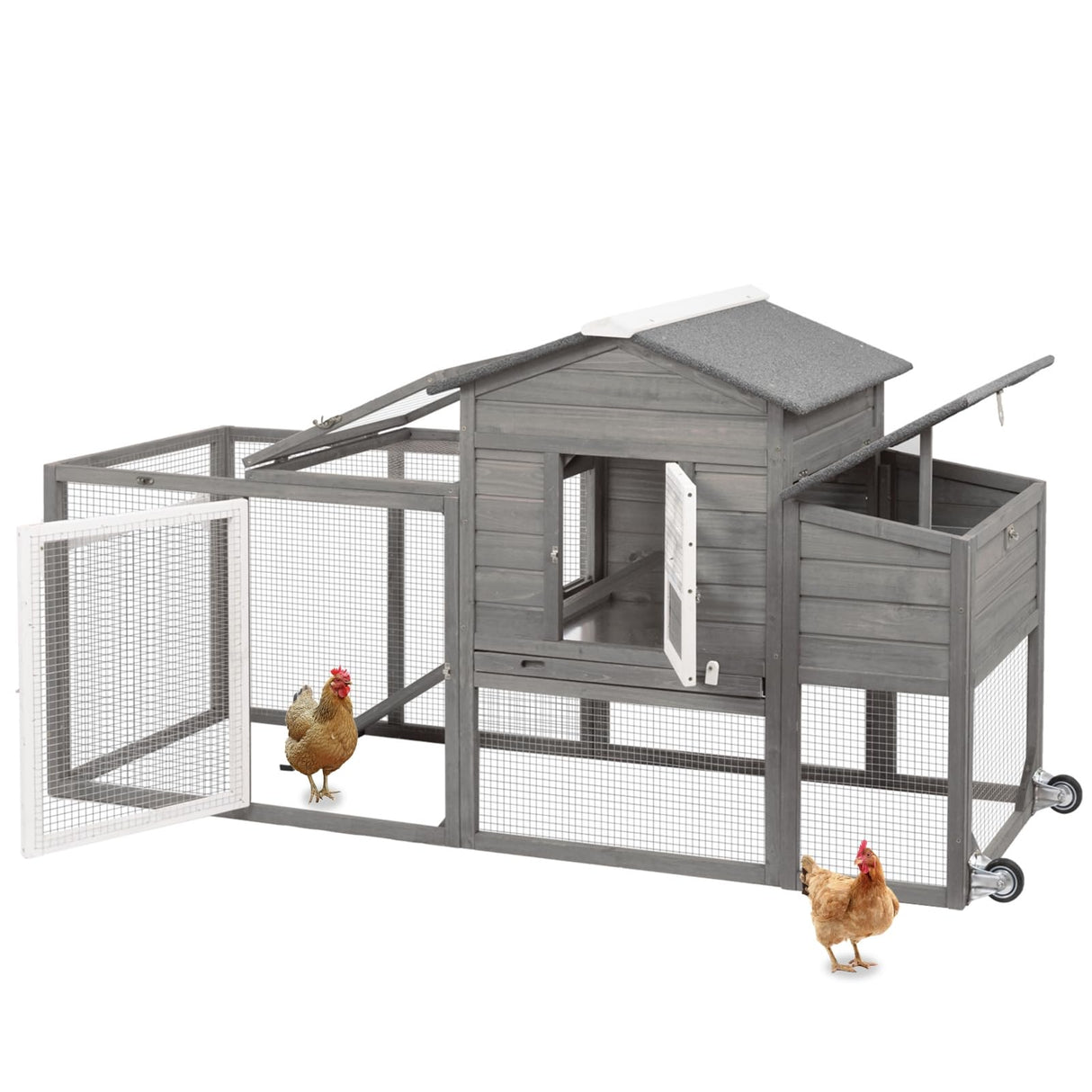Ketive Wooden 79" Chicken Coop with Wheels Asphalt Roof Nest Boxes Pull-Out Trays - All Solid Wood and Galvanized Wire Mesh Chicken House Against Snakes, Weasels ketive