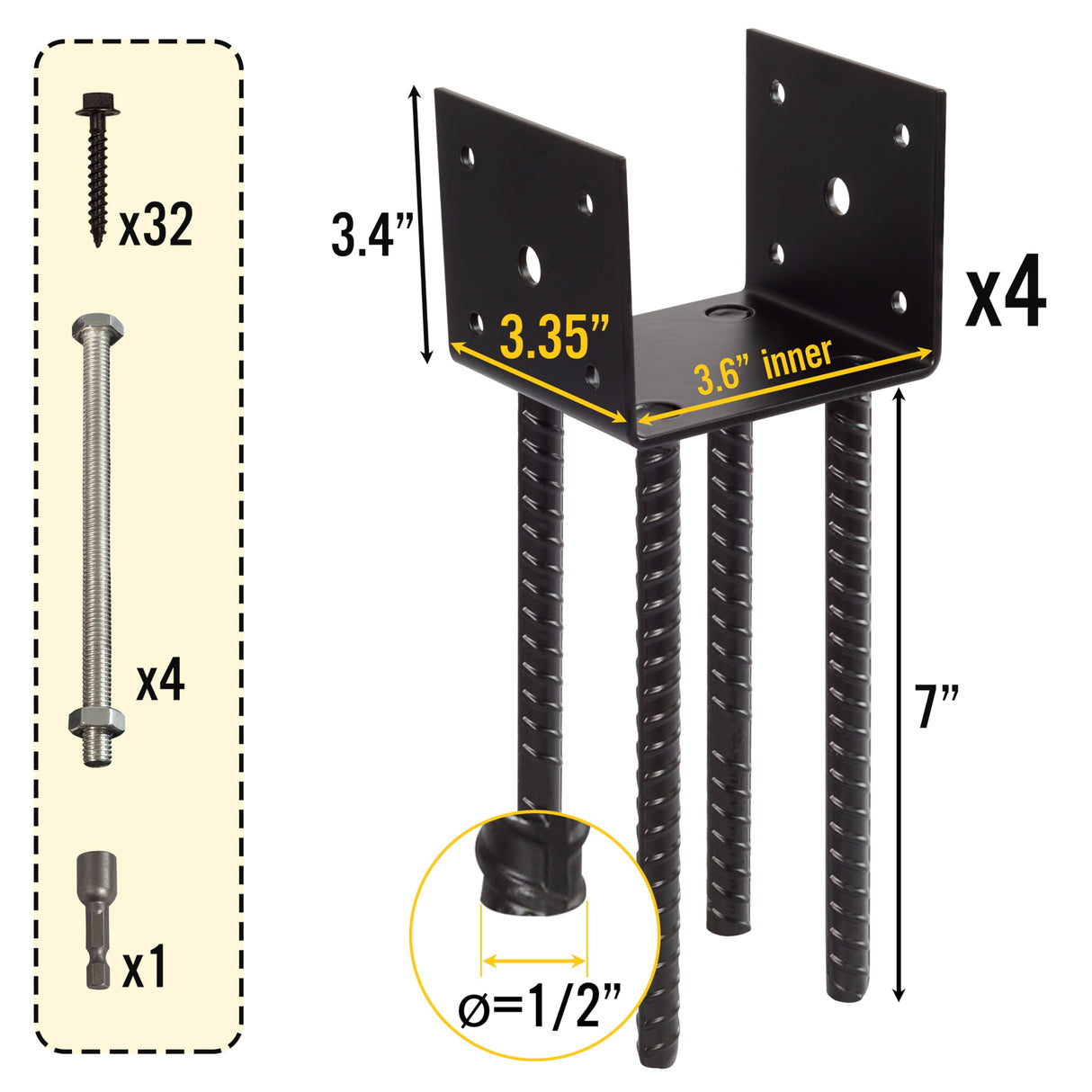 LADECH Fence Post Holder Ground Spike Use for Concrete Deck - Post Base Anchor Metal Black Powder Coated 4 Inches x 4 Inches (Inner Dia 3.5x3.5) 4 Pack LADECH