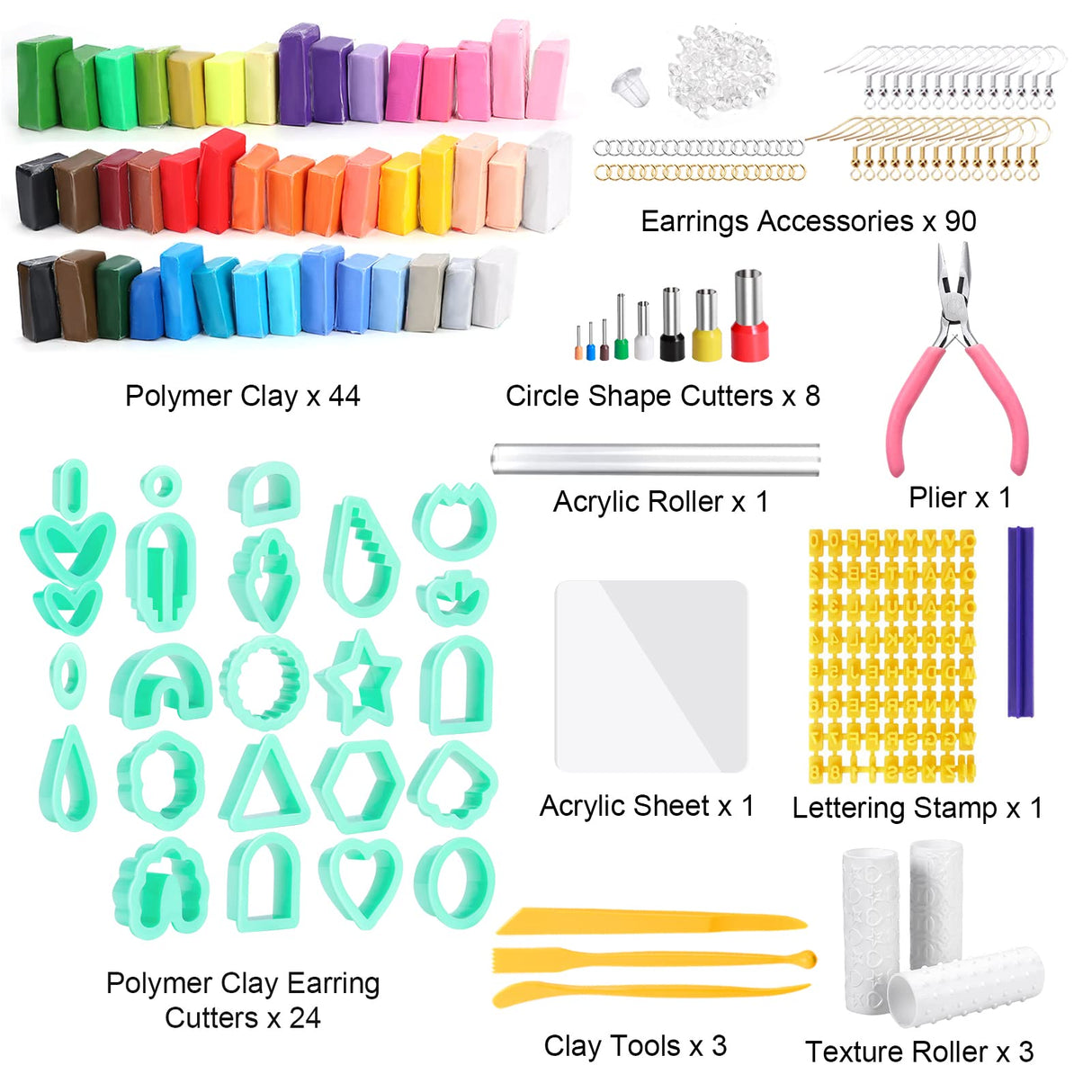 Caydo 177 PCS Polymer Clay Earring Kit with 3-Layer Storage Box, 44 Color Clays, 24 Earring Cutters and Accessories, Instructions Included Caydo