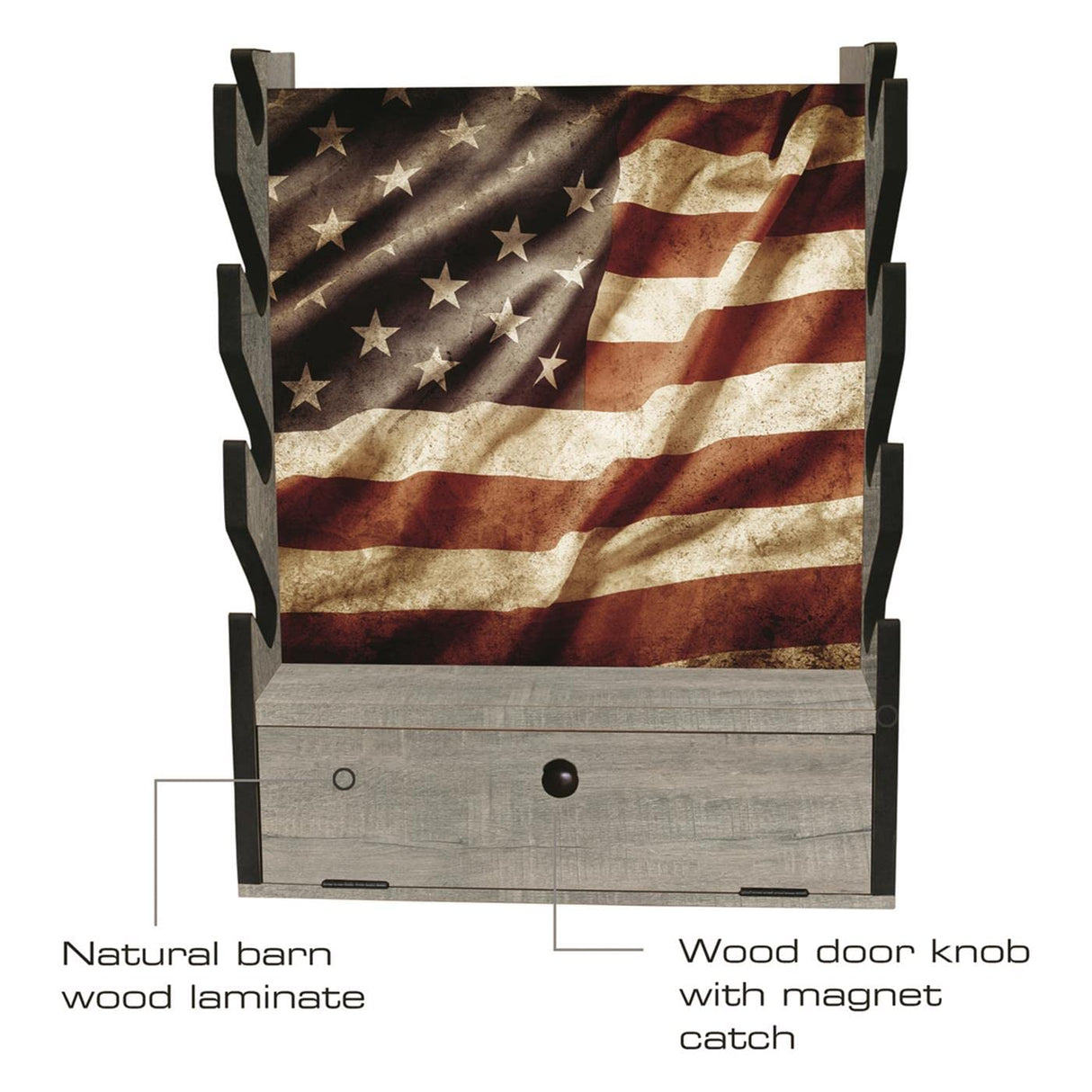 Rush Creek Creations, Patriotic Gun Rack for Wall, Storage for 4 Guns, Rifles or Shotguns, American Flag Gun Rack Display, Wall Mount, Additional Storage for Gun Accessories Rush Creek Creations