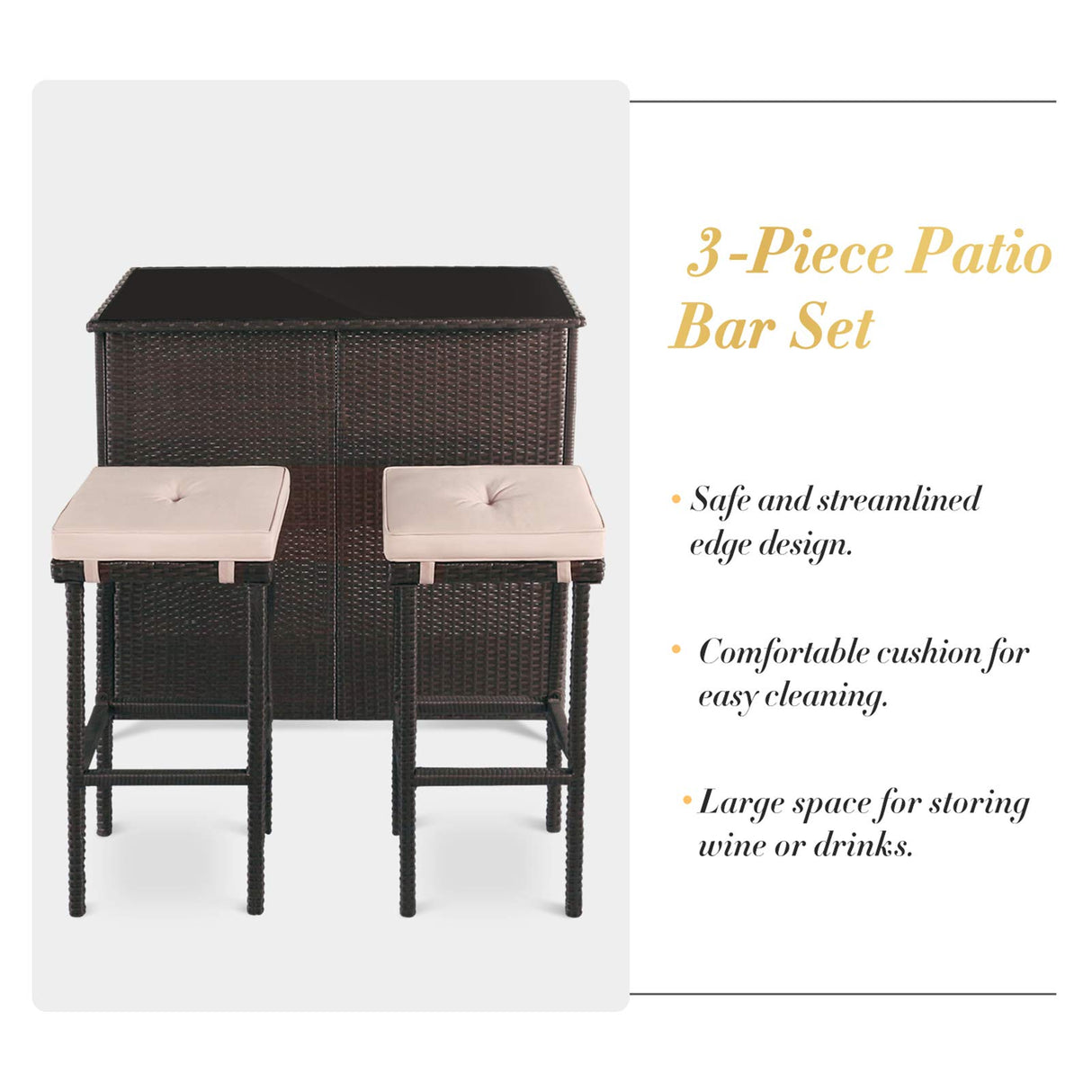 SUNCROWN Outdoor Bar Set 3-Piece Brown Wicker Patio Furniture - Glass Bar and Two Stools with Cushions for Patios, Backyards, Porches, Gardens or Poolside,Beige SUNCROWN