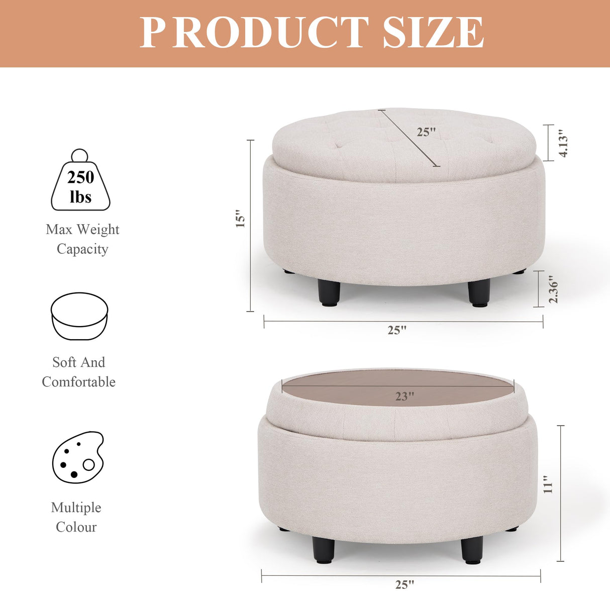 COLAMY Fabric Round Storage Ottoman with Reversible Tray Lid – Multi-Functional Footrest, Hidden Storage, Sturdy & Stylish Small Coffee Table for Living Room, Bedroom, or Entryway(Beige) COLAMY