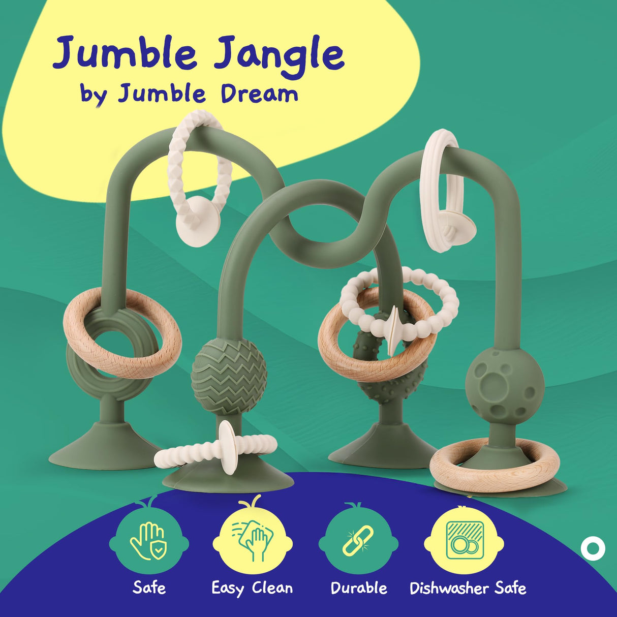 Jumble Jangle Baby Teething Toys β BPA-Free, Multi Purpose High Chair Toys for Babies: Suction Teething Relief with Sensory Toy Textures for Infants and Toddlers 3β24+ Months (Green) Jumble Dream