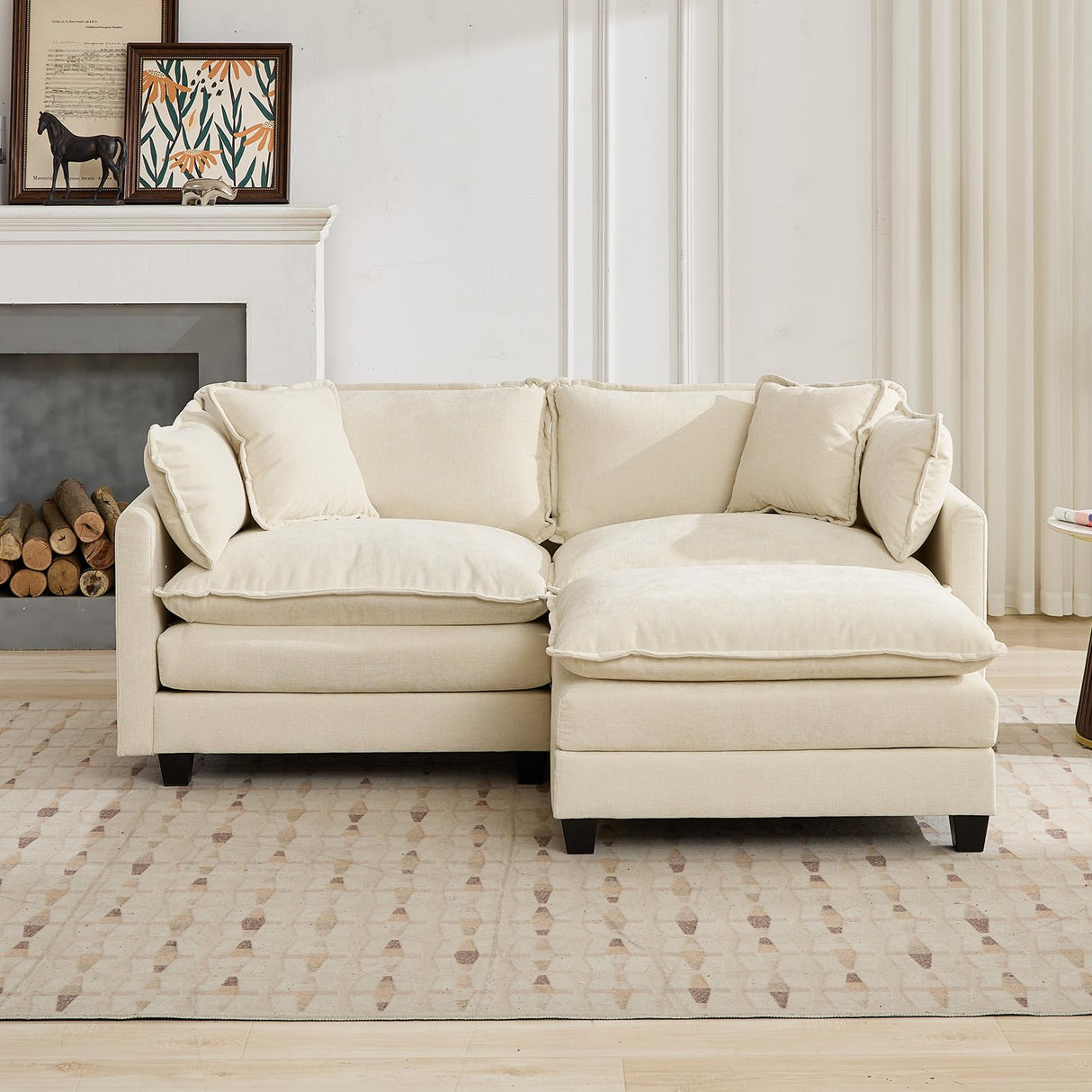 76.7" Oversized Beige Loveseat Sofa, Ivory Off-White 2 Seater Large Sectional Couches for Living Room, Chenille Fabric Modular Sectional Sofa with 1 Ottoman, Modern Sofas Set, Love Seat Couches ODUSE-DAILY