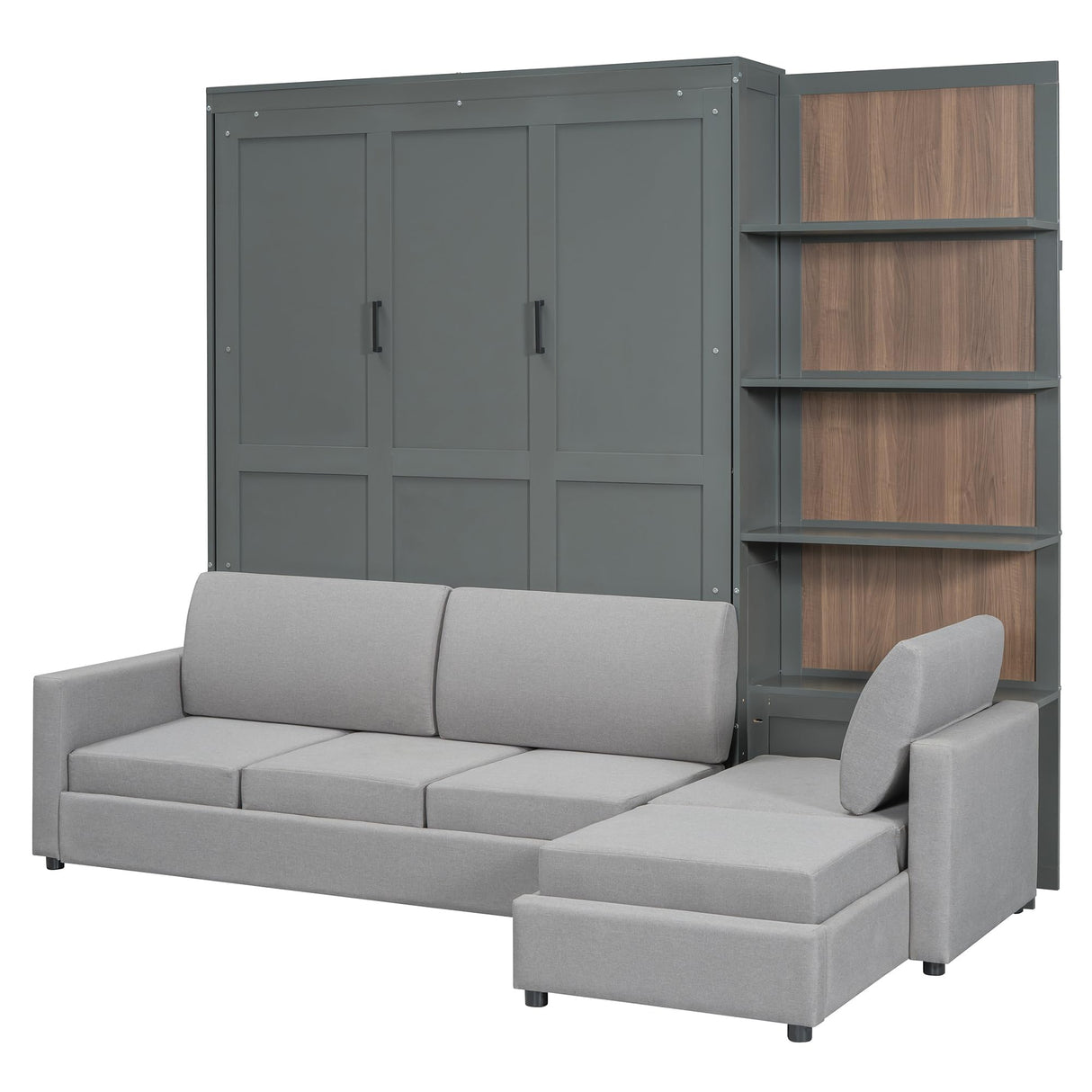 Queen Size Murphy Bed Wall Bed with Sofa and Shelves,Versatile Convertible Wooden Bed Frame,Space-Saving for Multipurpose Guest Room or Home Office (Gray) GYYBED