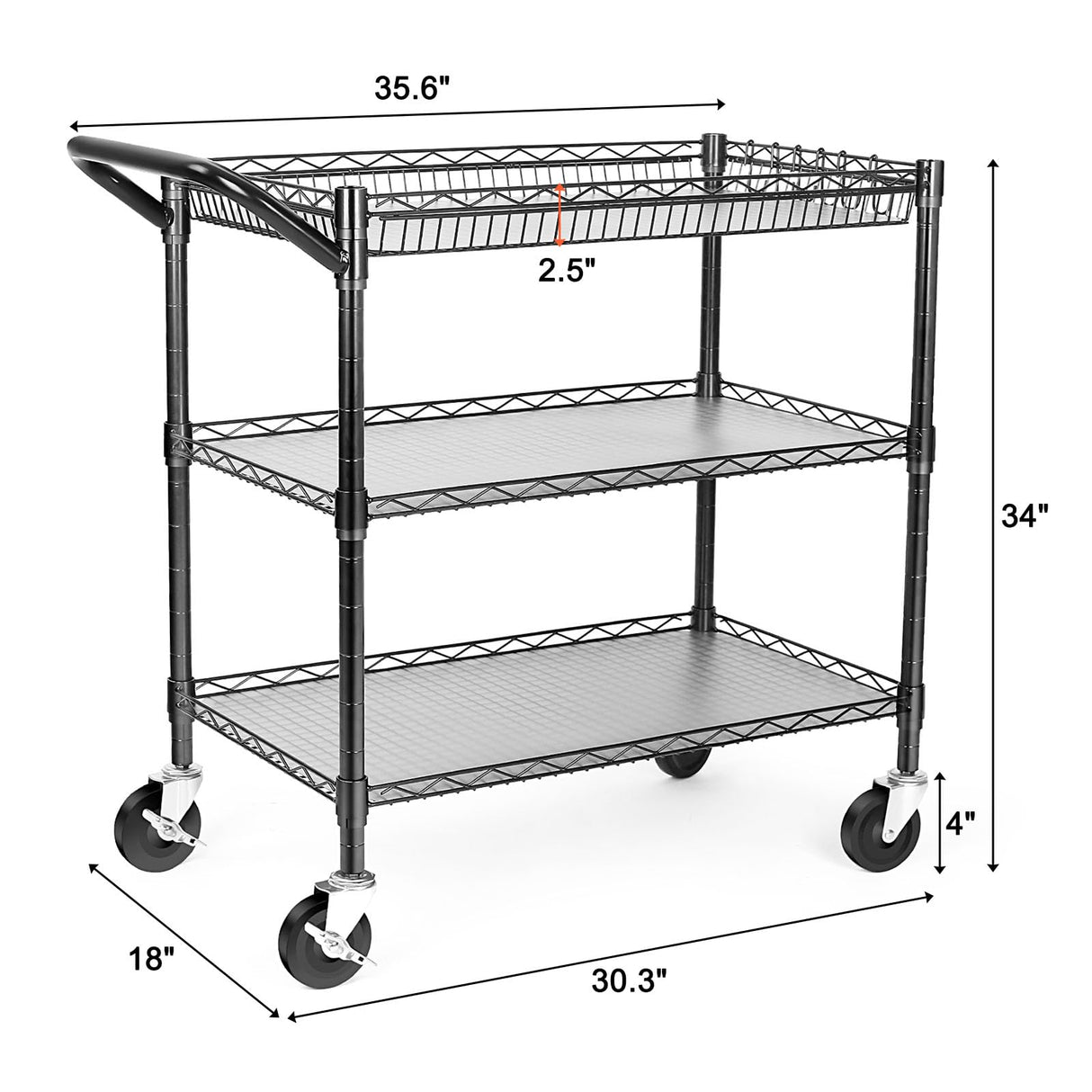 BolDuck Heavy Duty Utility Cart on Wheels,990Lbs Capacity 3 Tier Rolling Carts with Wheels,Kitchen Cart on Wheels with Storage,Commercial Grade Metal Serving Cart with Wire Shelving &Handle Bar,Black BolDuck