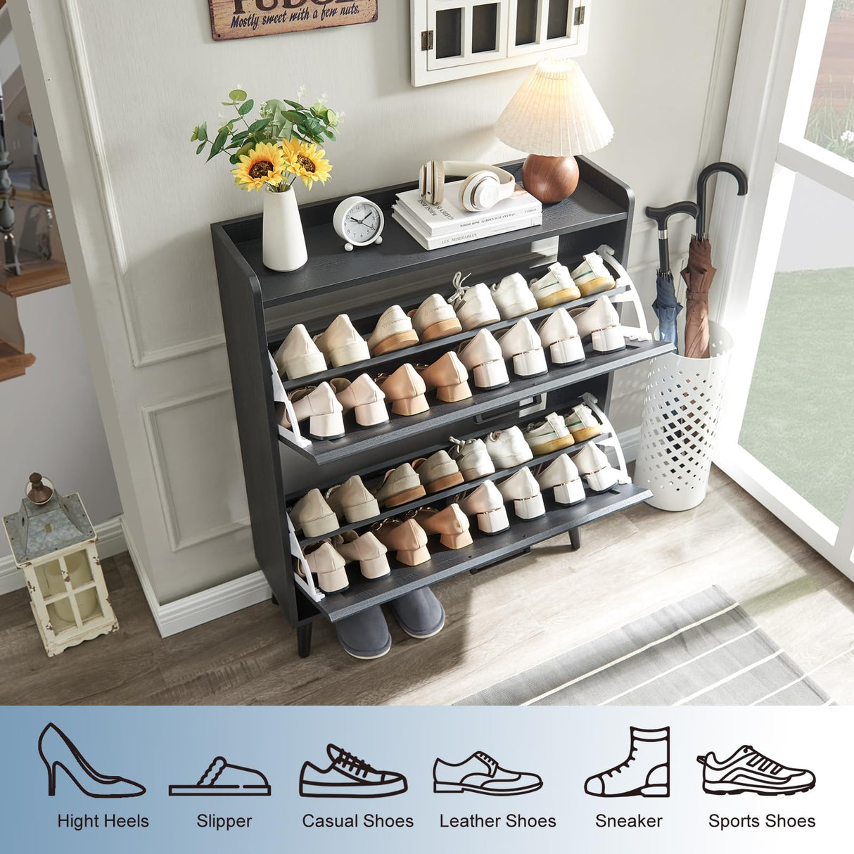 Barnyatoh Shoe Storage Cabinet with 2 Flip Drawers, Farmhouse Hidden Shoe Organizer, Narrow Slim Shoe Rack Cabinet for Entryway Hallway,Black Barnyatoh