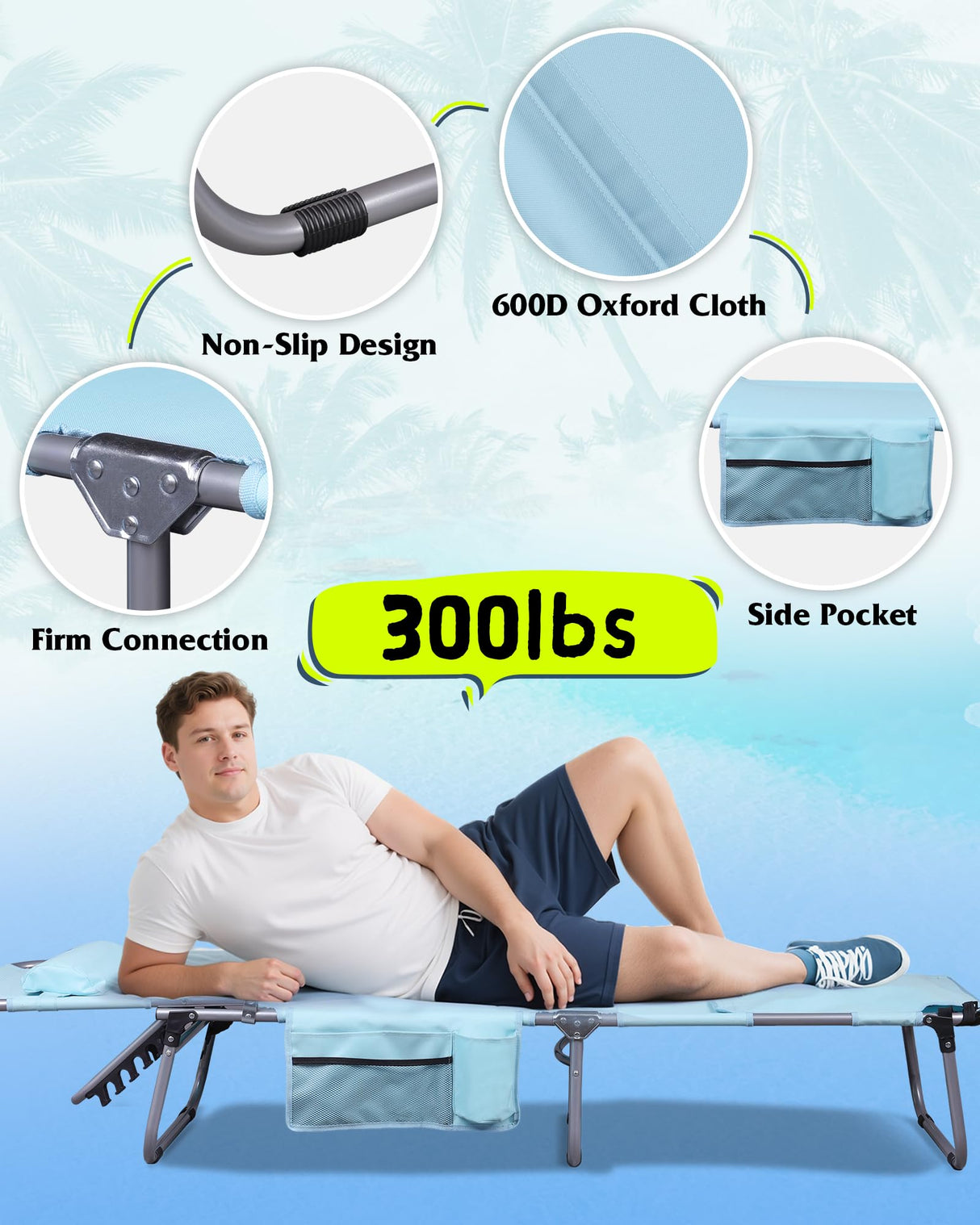 WLIVE Outdoor Tanning Chair, 5-Position Folding Beach Chair with Face Hole, Portable Patio Lounge Chair for Beach, Pool,Camping, Light Blue WLIVE