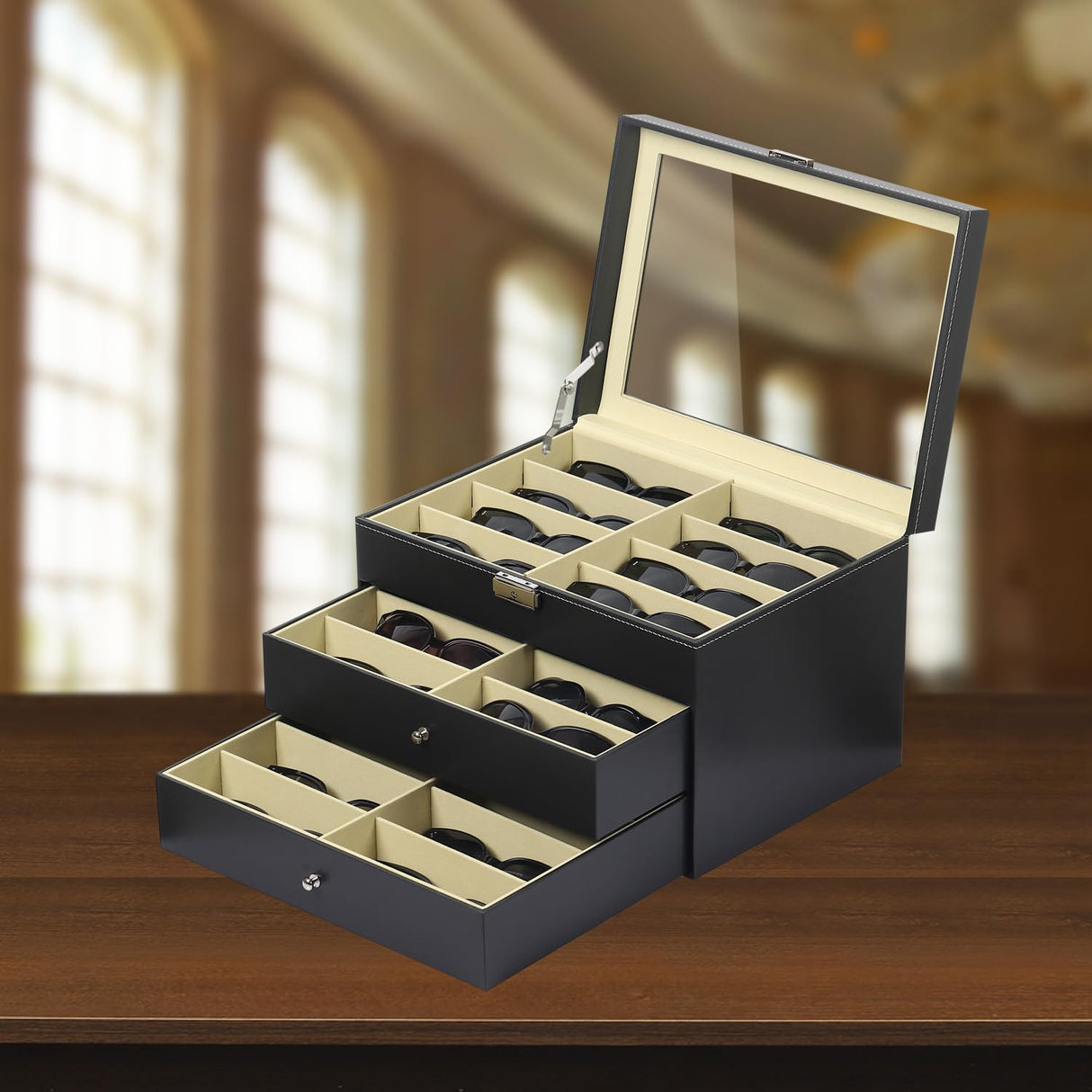 AUTOARK Leather 24 Piece Eyeglasses Storage and Sunglass Glasses Display Drawer Lockable Case Organizer,Black,AW-095 AUTOARK