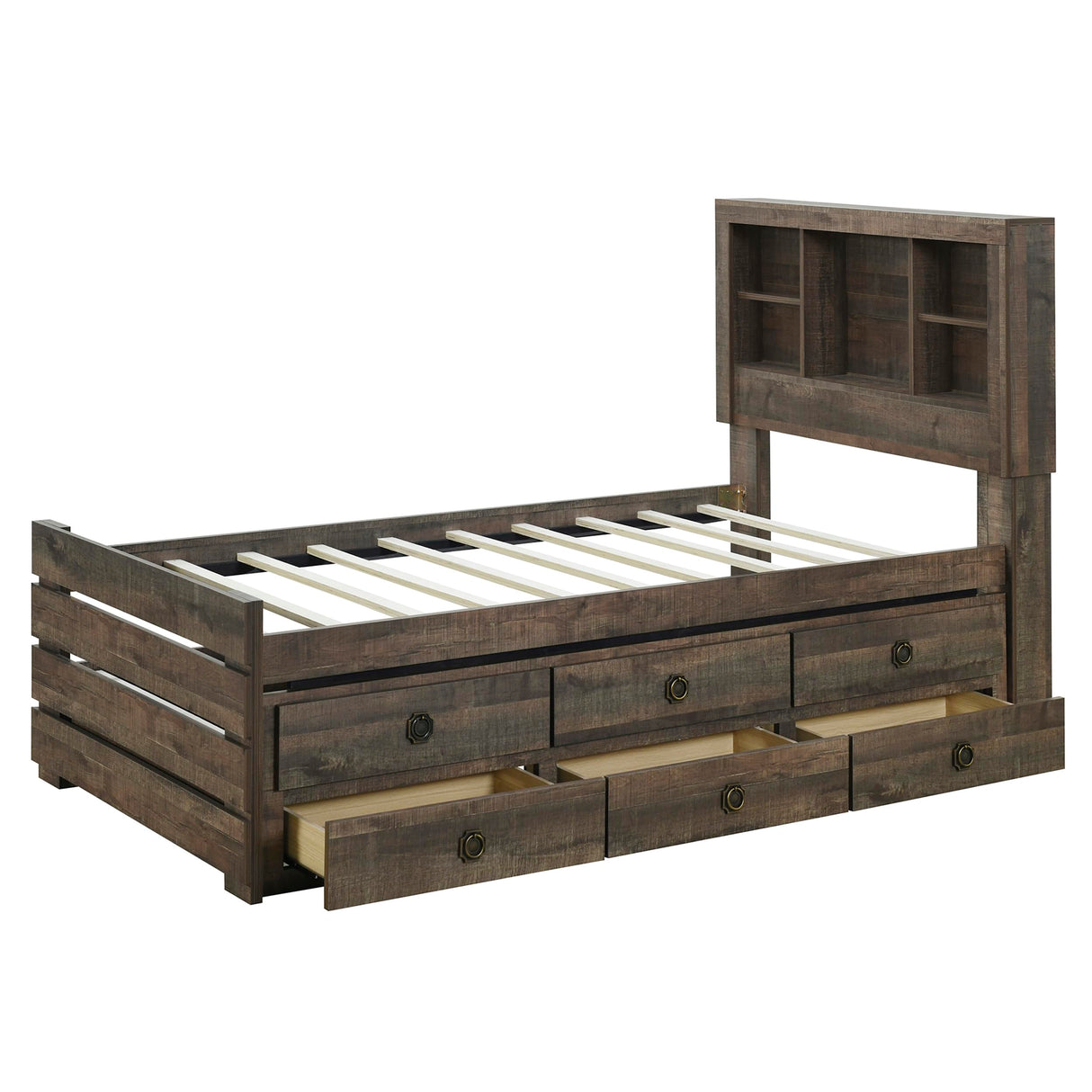 VilroCaz Rustic Brown Full Size Captain Bed with Bookcase Headboard, Drawers & Trundle VilroCaz