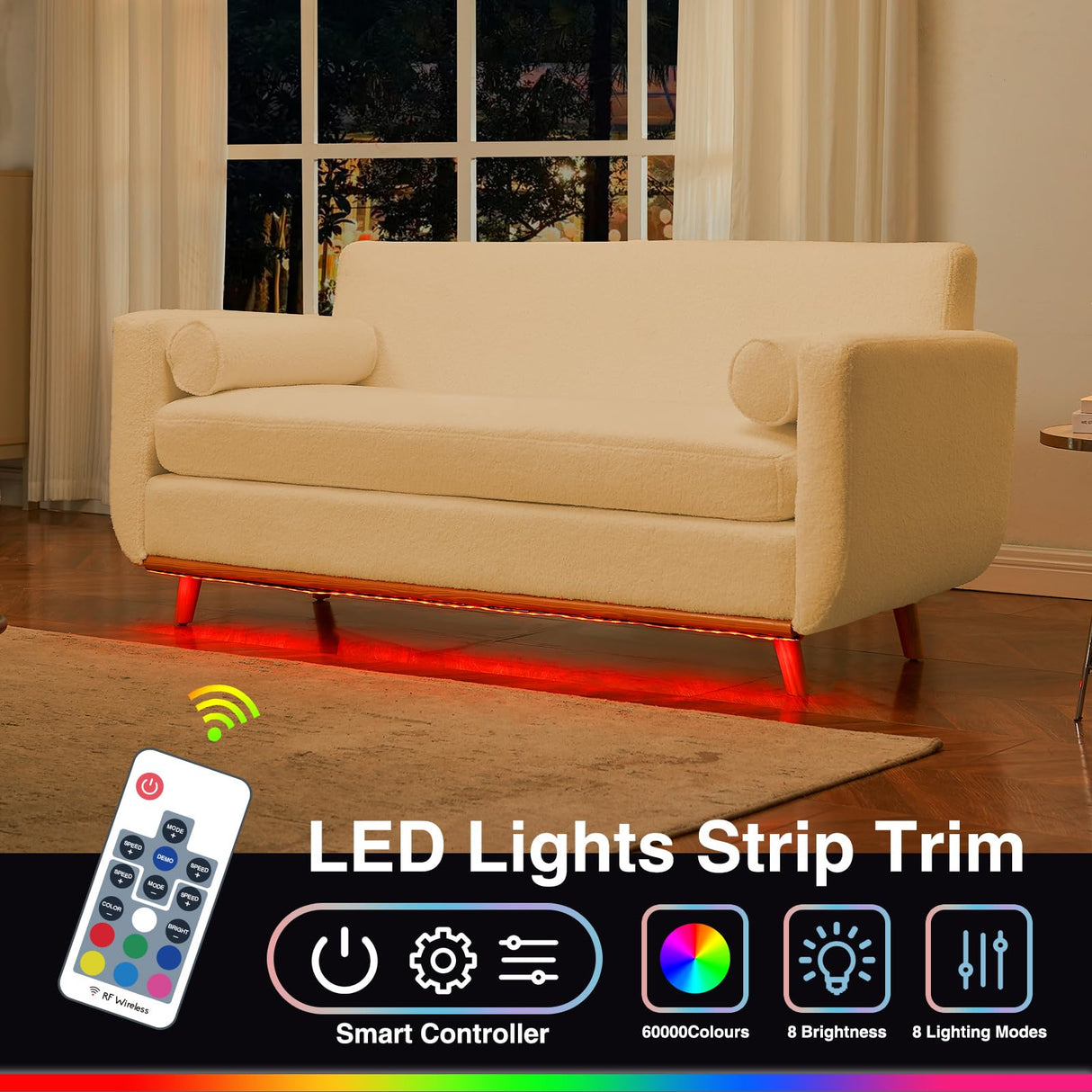 63" W Loveseat Sofa,Beige Boucle Couch with LED Lights and USB Ports Modern Fluffy Love Seat Couches 2 Seater Comfy All-Wood Washable Covers Sofa Furniture for Bedroom Living Room Small Space Office FiveWillowise