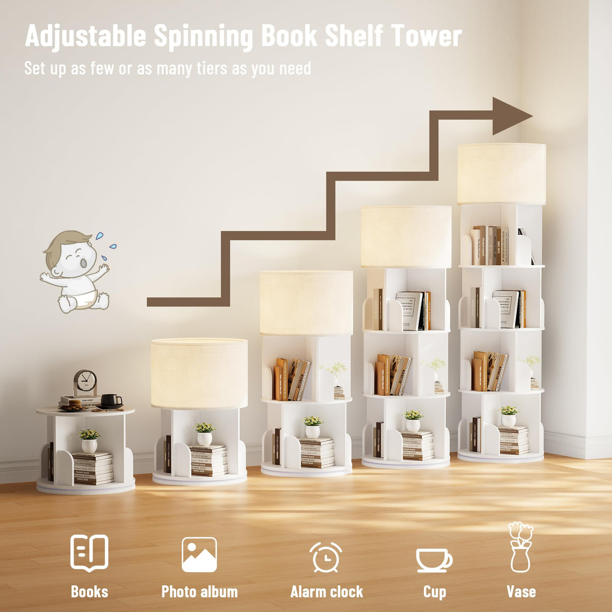 INNOD Rotating Bookshelf with Light, 4 Tier Spinning Bookshelf Tower, 360° Revolving Bookcase, Small Corner Book Shelf for Kids Rooms, Bedrooms, Living Rooms, Home Offices, and Compact Areas, White INNOD