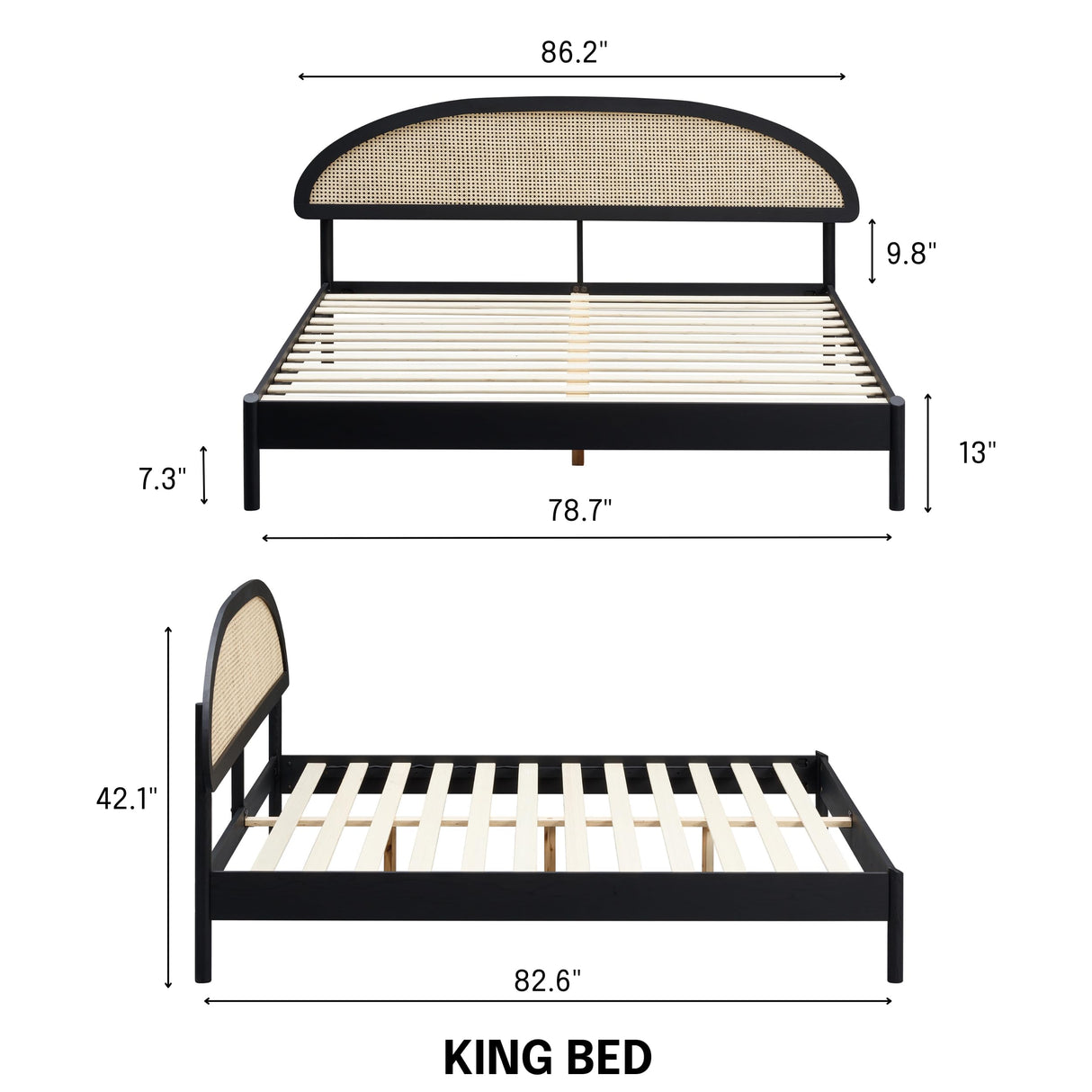 NTC Gem Wooden Bed Frame with Headboard and Natural Rattan, Solid Oak Foundation with Silent Slats, 1000 Lb Capacity, Effortless Assembly, King - Burnt Black NTC