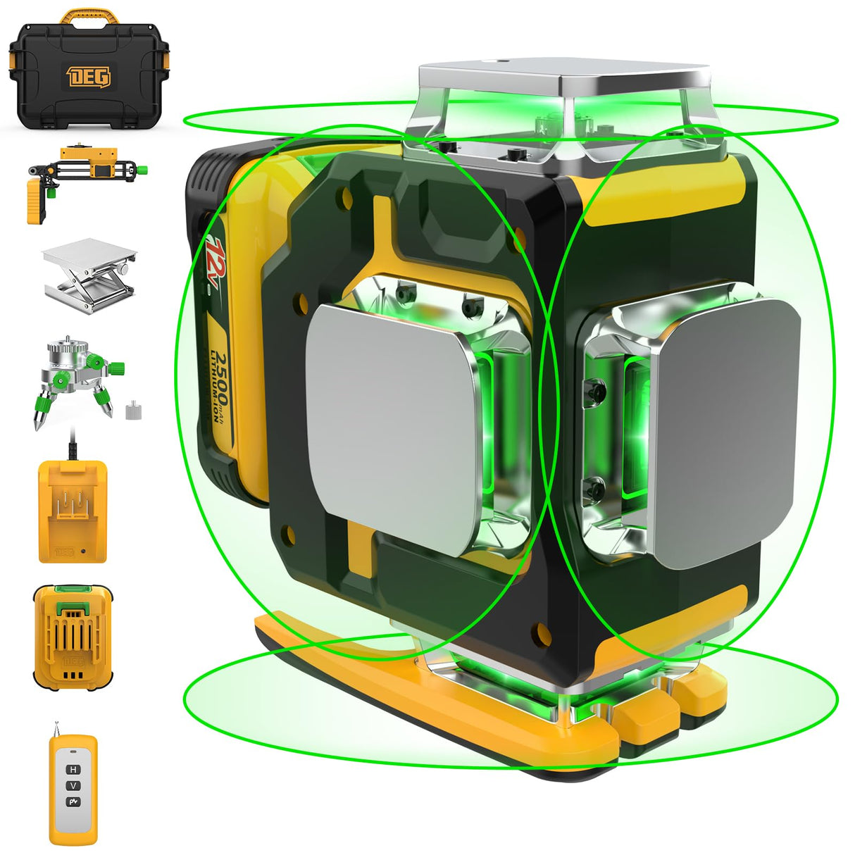 Laser Level 360 Self Leveling,DEGLASERS 4x360 Green Laser Level with 12V Rechargeable Battery(40 Hrs),Remote Control, Magnetic Rotating Stand,Hard DegLasers