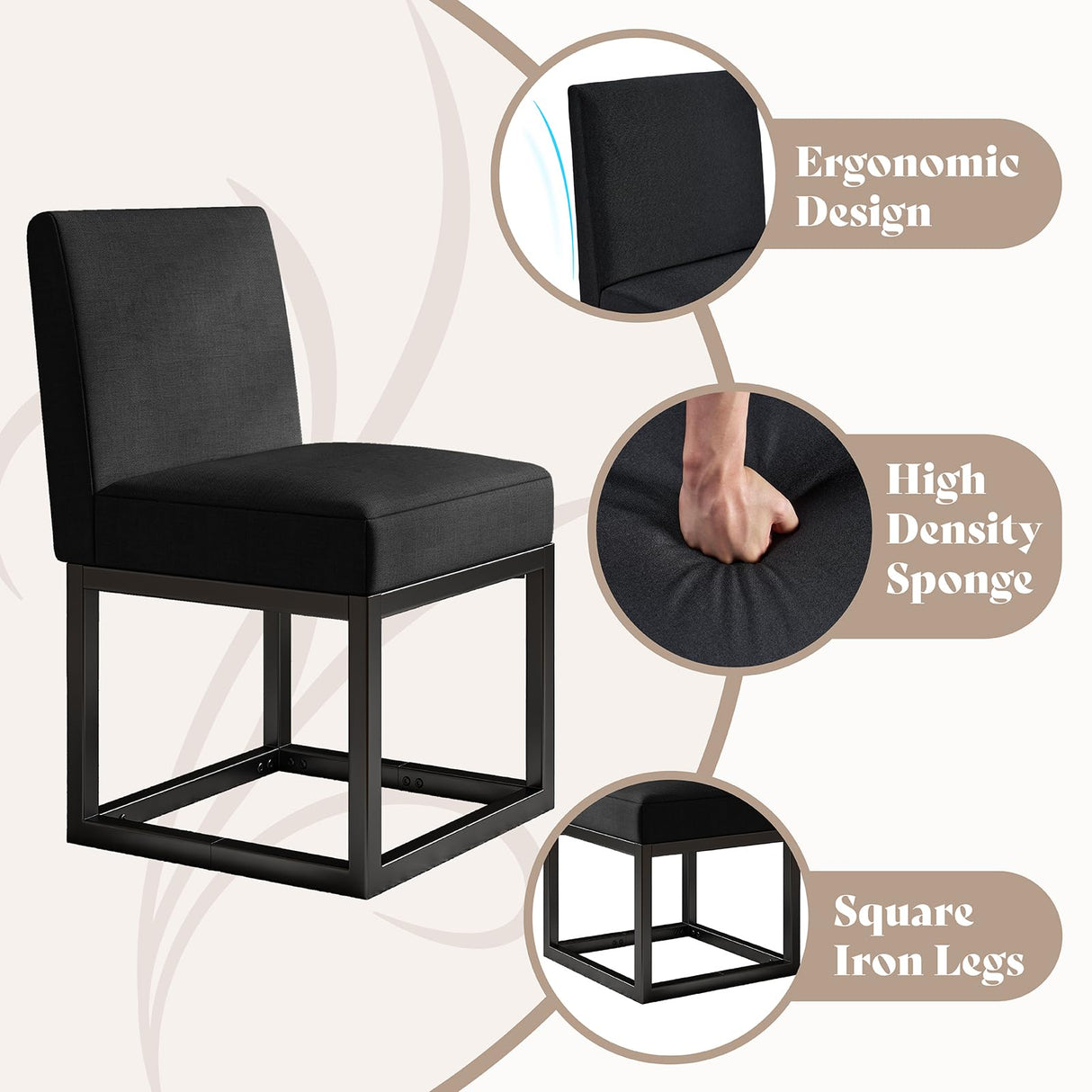 AMERLIFE Mid Century Linen Dining Chairs Set of 6, Modern Upholstered Dinner Chairs with Metal Frame for Restaurant, Dining Room, Kitchen, Black Padded Chairs AMERLIFE