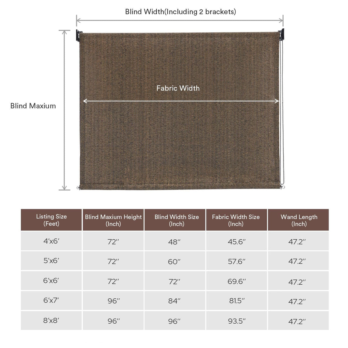 VICLLAX Outdoor Roller Shade Fabric for Porch Gazebo, Patio Blinds Roll Up Shade (8' W X 8' L), Mocha VICLLAX