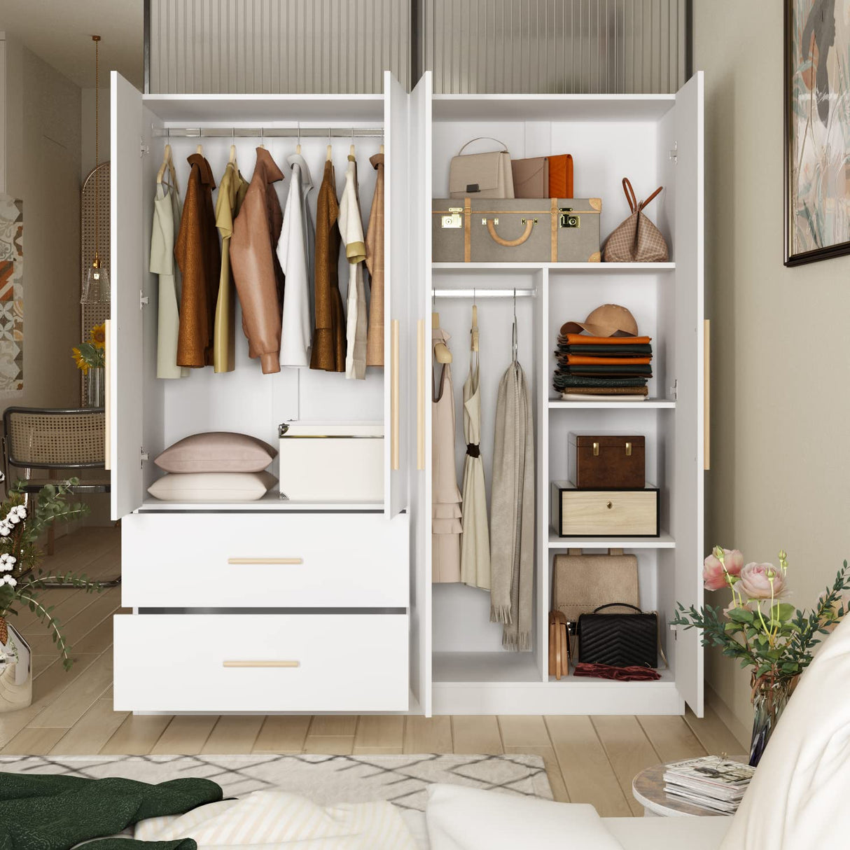 Homsee White 4-Door Wardrobe Armoire Wooden Closet with 2 Drawers, 6 Storage Cubes and 2 Hanging Rods, Large Storage Cabinet for Bedroom, White (63”L x 18.9”W x 70.9”H) Homsee