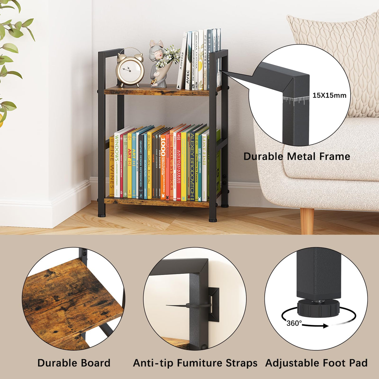 Katrawu Small Bookshelf for Small Space, 2 Tier Industrial Bookcase,Narrow Book Case Storage Organizer Book Shelf for Living Room, Bedroom and Office, Easy Assembly(2 Tier,Rustic Brown) Katrawu