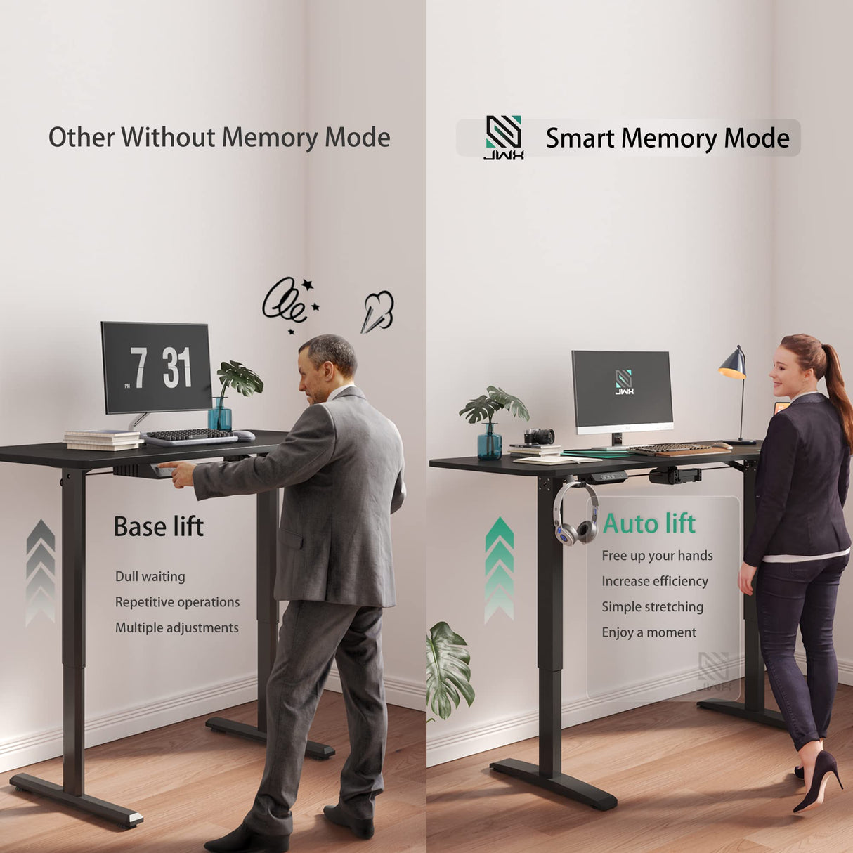 JWX Standing Adjustable Desk, 63 inches L Shaped Electric Standing Gaming Desk with Locking Wheels, Cup Holder, Headphone Hook, Cable Manager, Mouse pad, Carbon Fiber Textured Pane JWX