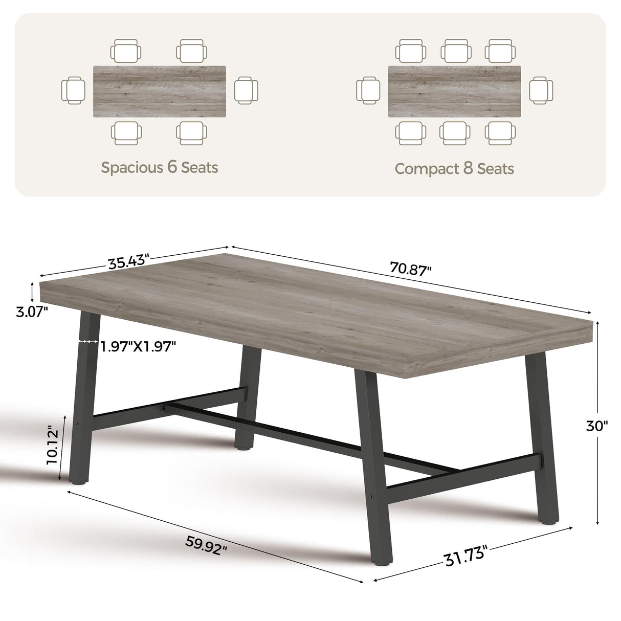 IDEALHOUSE 70 Inch Farmhouse Dining Table for 6 to 8, Large Rectangular Dinner Table for Dining Room, Home Office, Living Room, Gray IDEALHOUSE