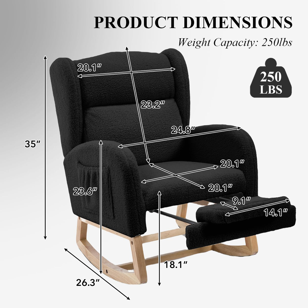 NIOIIKIT Nursery Rocking Chair with Footrest, Teddy Upholstered Glider Chair, Nursery Gliding Recliner with Side Pocket, Glider Rocker for Living Room (Black Teddy) NIOIIKIT