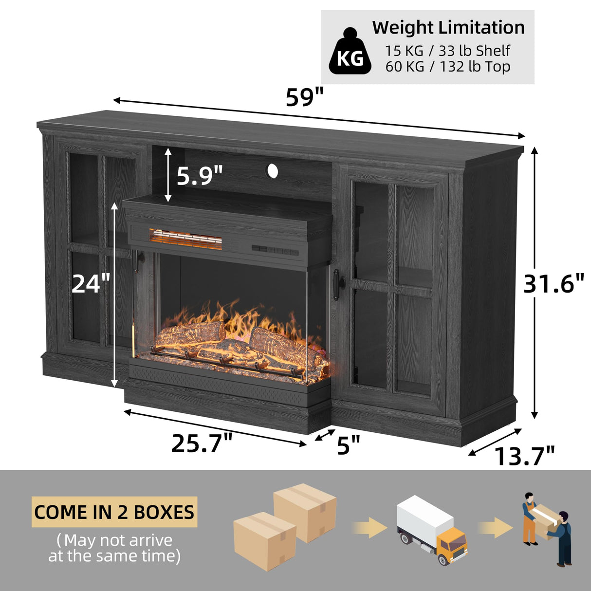 YESHOMY Glass Fireplace TV Stand for Televisions up to 65", Media Entertainment Center Console Table with Doors Closed Storage, Black with Wood Grain YESHOMY