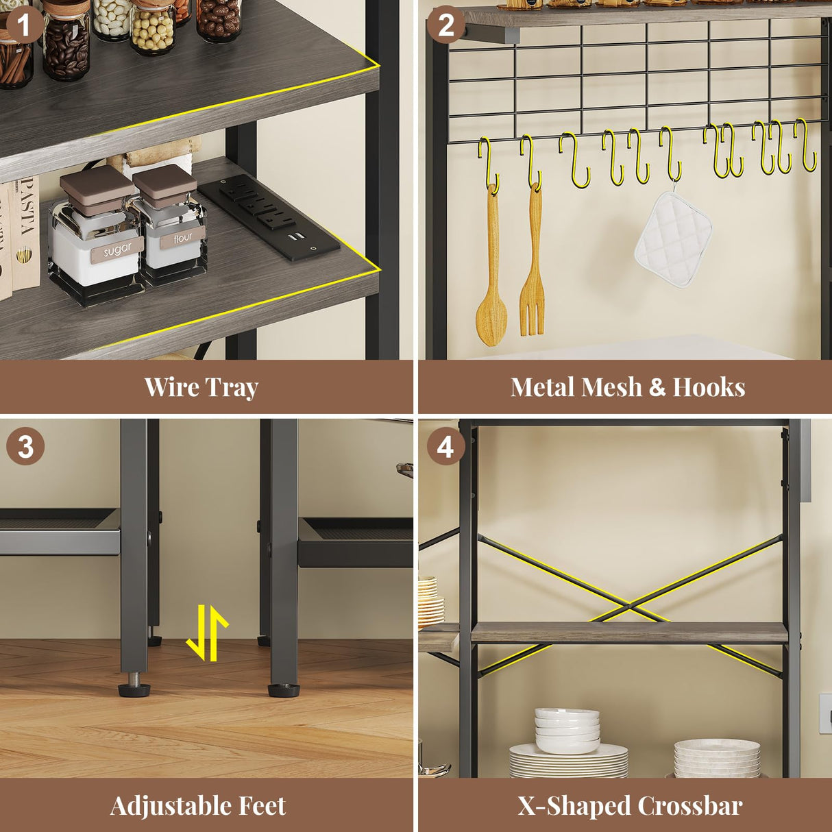 iabifo L-Shaped Bakers Rack with Power Outlet, 6-Tier Microwave Stand with Storage, Coffee Bar, Kitchen Shelf with Wire Basket, Hooks, Grey iabifo