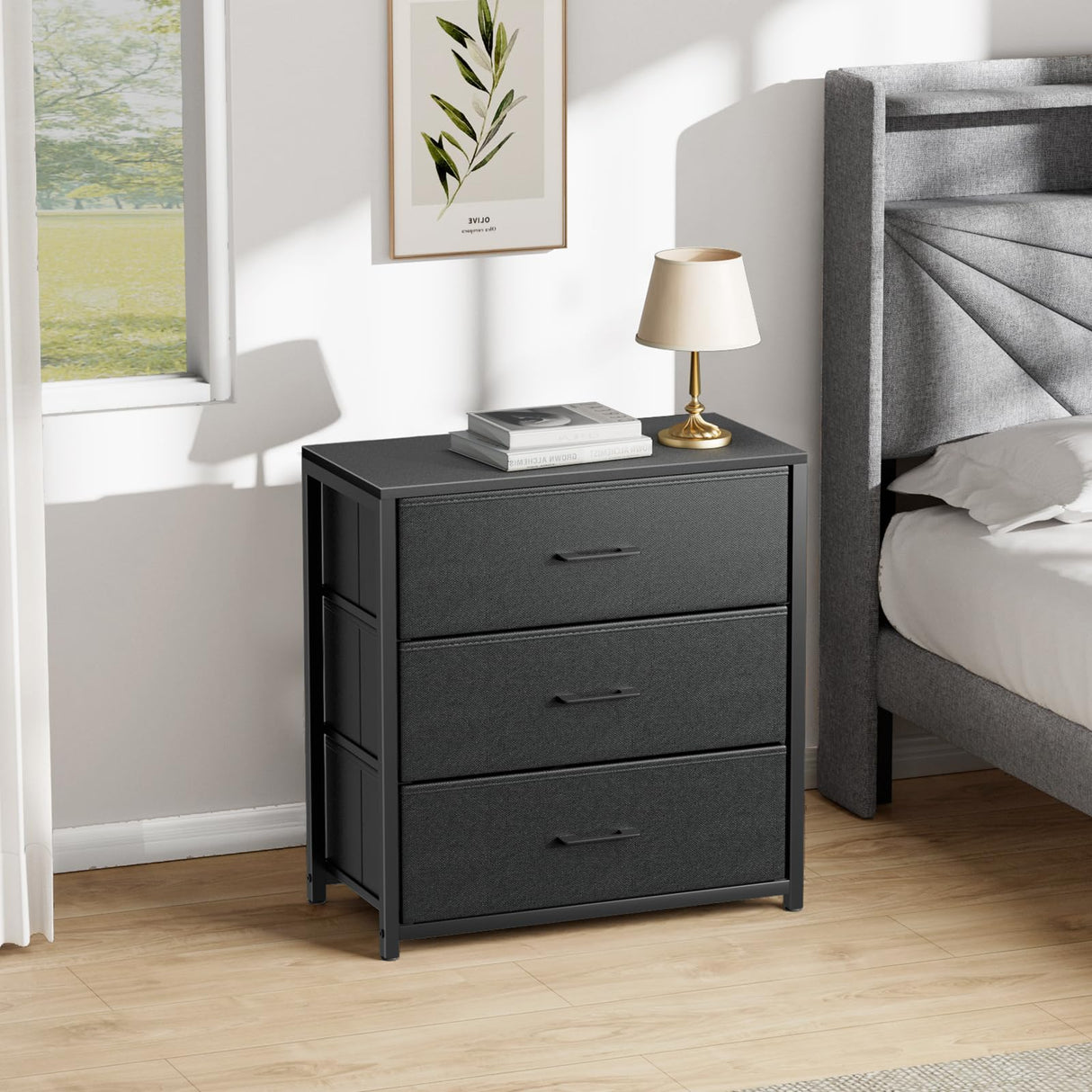 Memobarco Nightstand with 3 Drawers for Bedroom, Storage Dresser with Fabric Drawers and Metal Frame for Closet, Living Room, Bedside Table with Wood Top, Easy Pull Handle, Black Memobarco