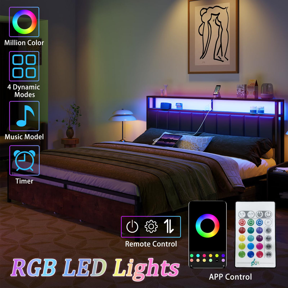 AMERLIFE Rustic Brown LED Platform Bed Frame with Storage Drawers & Charging Station Headboard AMERLIFE