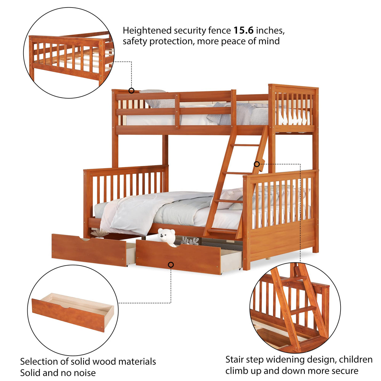 Merax Walnut Convertible Wood Bunk Bed Frame with Ladders and Storage Drawers - Twin Over Full Size Merax