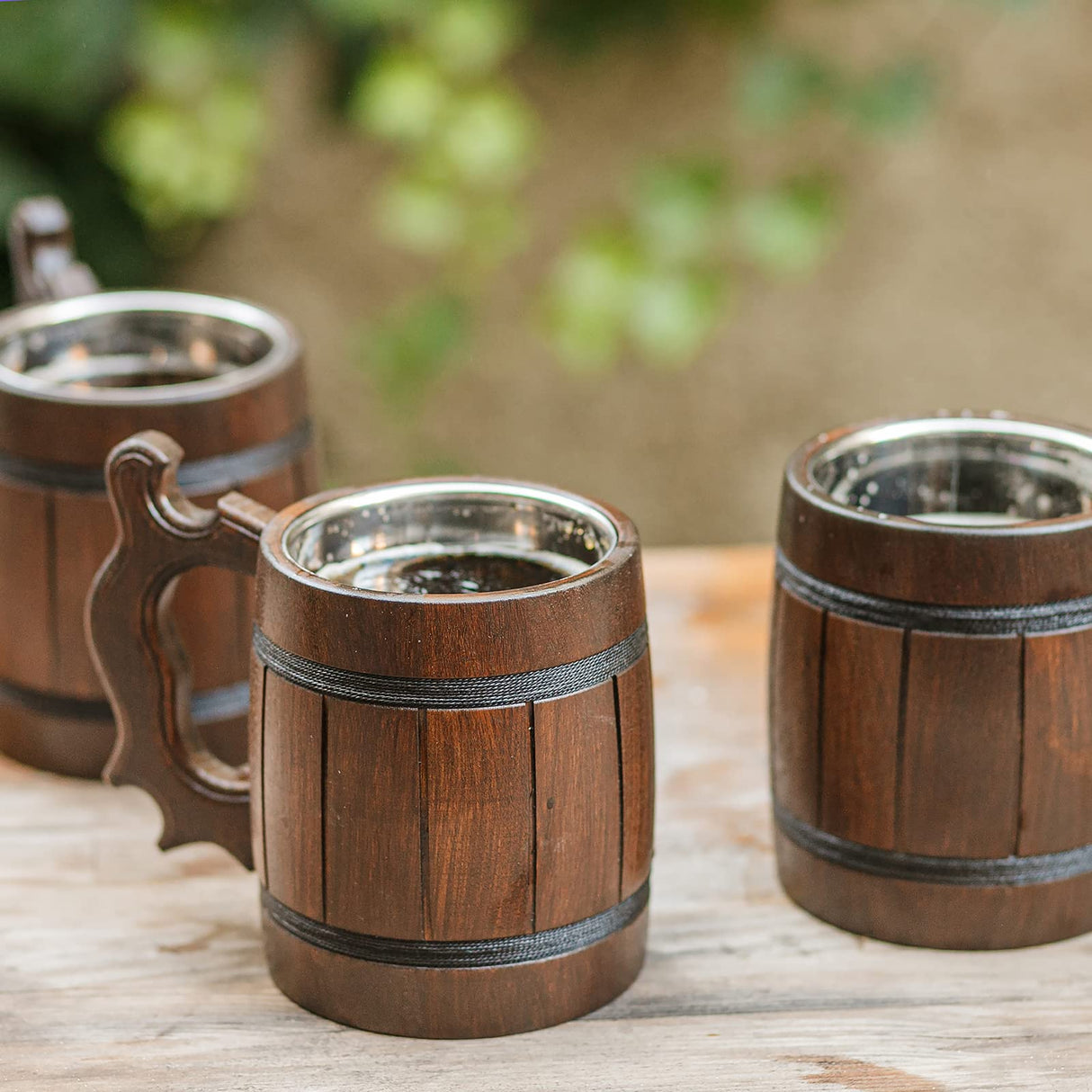 Handmade Wooden Rustic Beer Mug Real Oak Eco-friendly Wood Stainless Steel Cup 20 oz(600ml) Brown3 - Etno Motif Wood Viking Beer Mug Stein - Beer Tankard Irish Retro Halloween - Cowboys Beer Mug HOZPROM