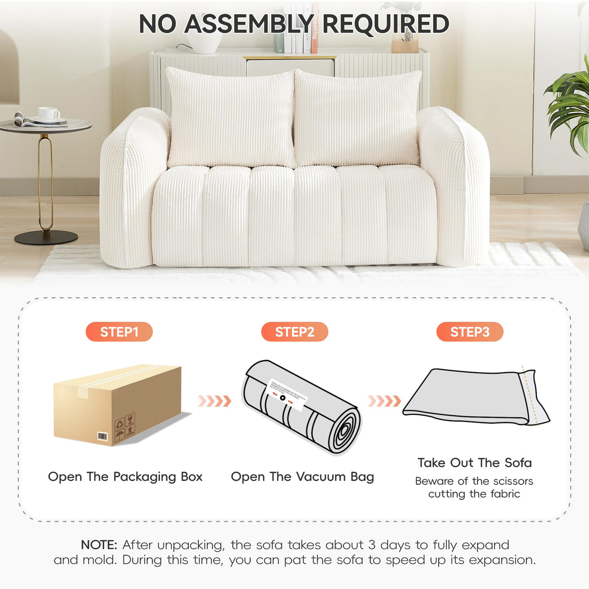 66'' Boneless Corduroy Loveseat Sofa, 2 Seater Tufted Deep Seat Couch with Rounded Armrest, Upholstered Cloud Couch for Living Room, Bedroom, No Assembly, White WUTUTUEE