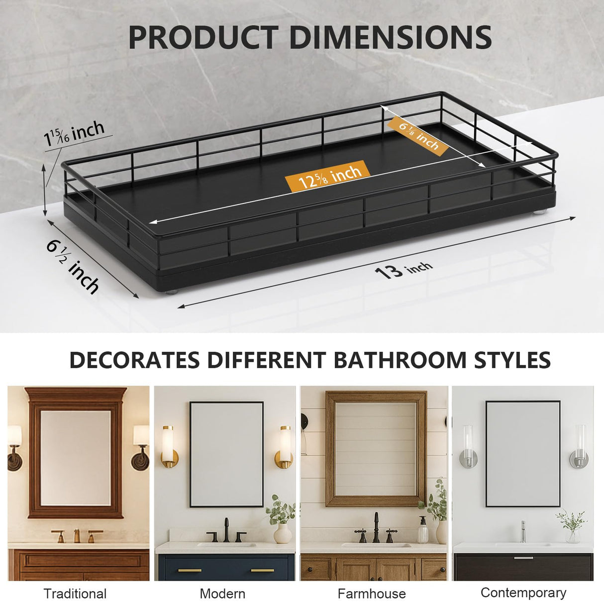 Toilet Paper Basket Organizer – Oak Wood Toilet Tank Tray with Metal Frame, Back of Tank or Top Bathroom Counter Storage – Black Modern Decor Focusonit