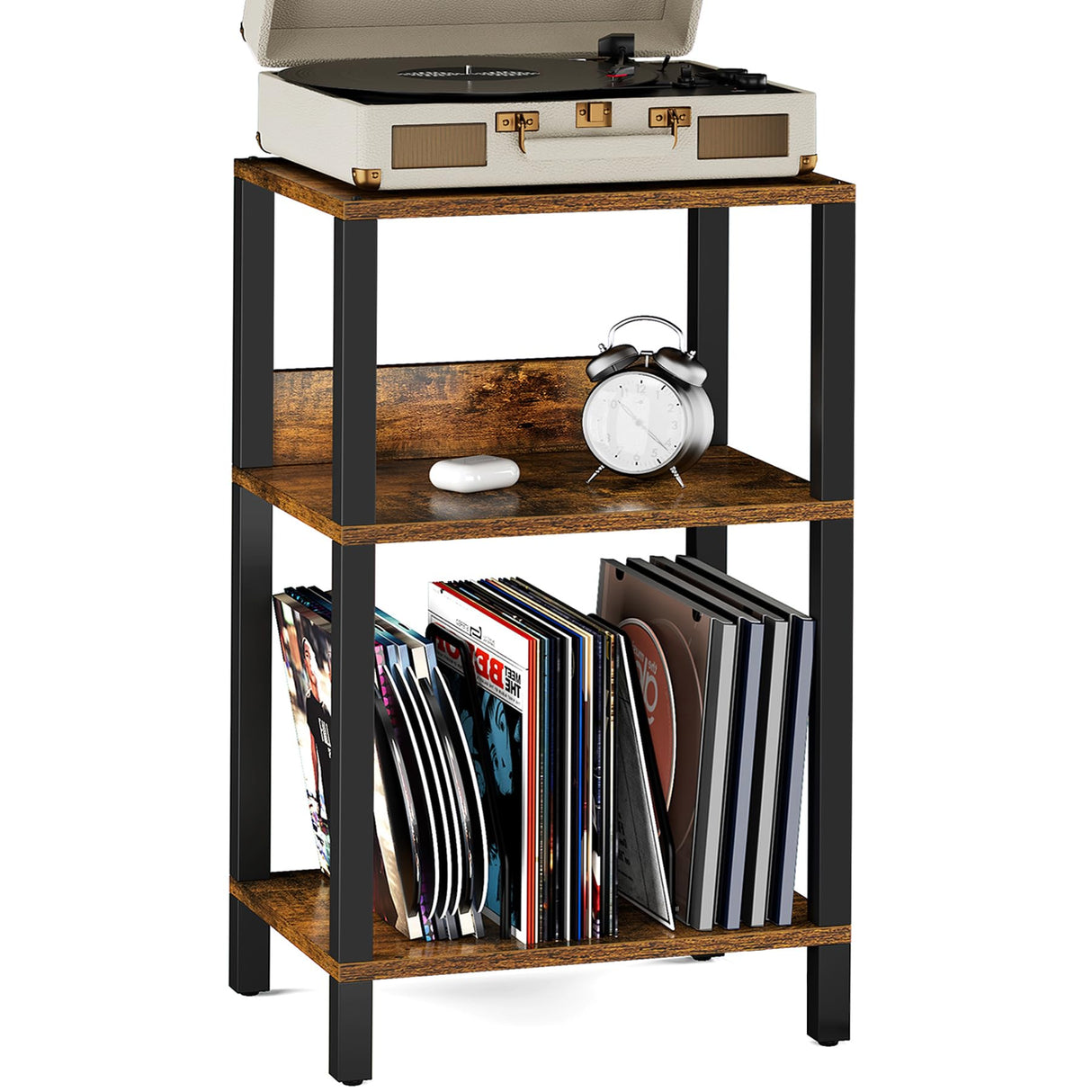 TUTOTAK Record Player Stand with Storage Up to 100 Albums,Record Storage Table,3 Tier End Table,Side Table for Living Room, Bedroom, Brown TB01BB075 TUTOTAK