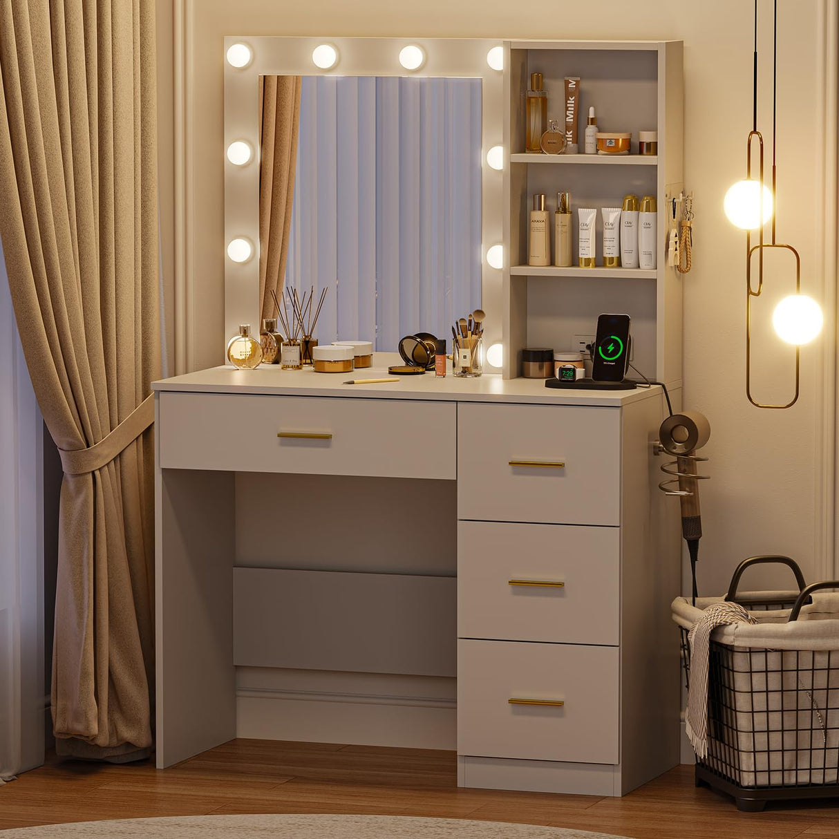 OTDMEL 37" W Makeup Vanity Desk,Vanity Desk with LED Lighted Mirror & Power Outlet,Makeup Table with 4 Drawers,3 Color Modes & Adjustable Brightness Dressing Table for Bedroom, White OTDMEL