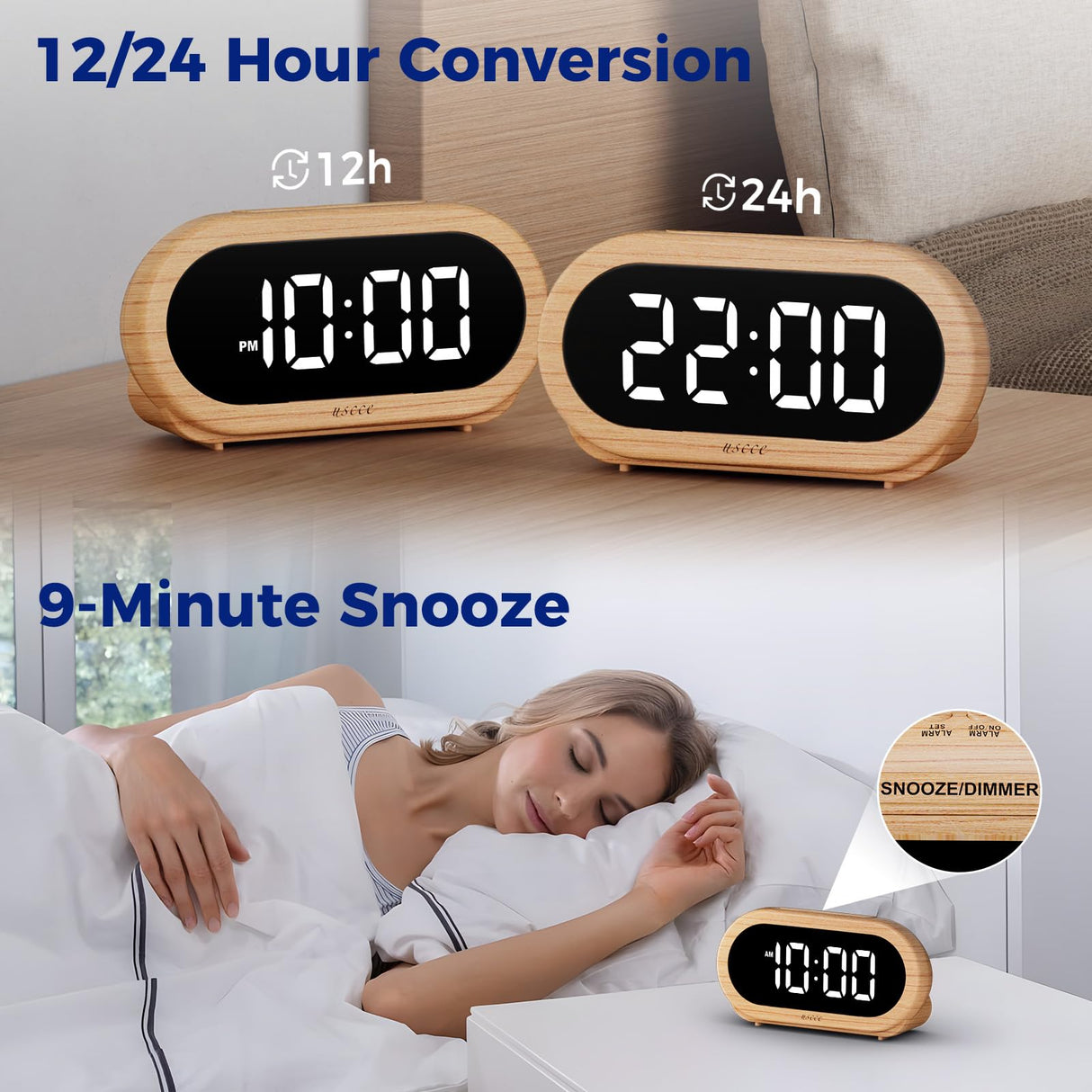 uscce Small Digital Clock for Bedroom: 6 Dimmable Brightness 4 Alarm Volume - Plug in Clock with Easy Operation for Bedside Desk Wood Grain uscce