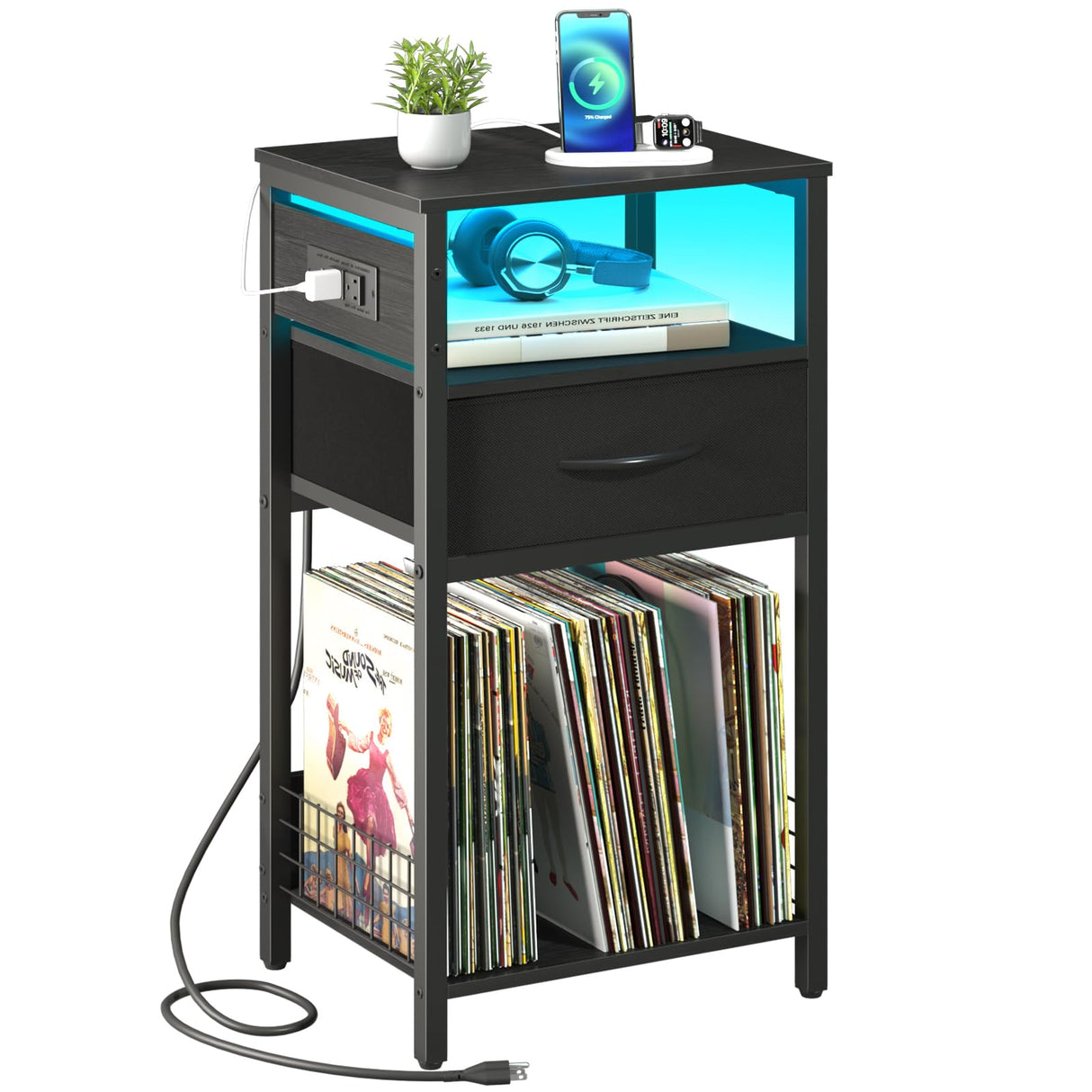 Yoobure Side Table - Night Stand with Charger Station & LED Light, 3 Tier Small End Table Living Room, Bedside Table with Drawer, Record Player Stand with Vinyl Storage, Black Nightstand for Bedroom Yoobure