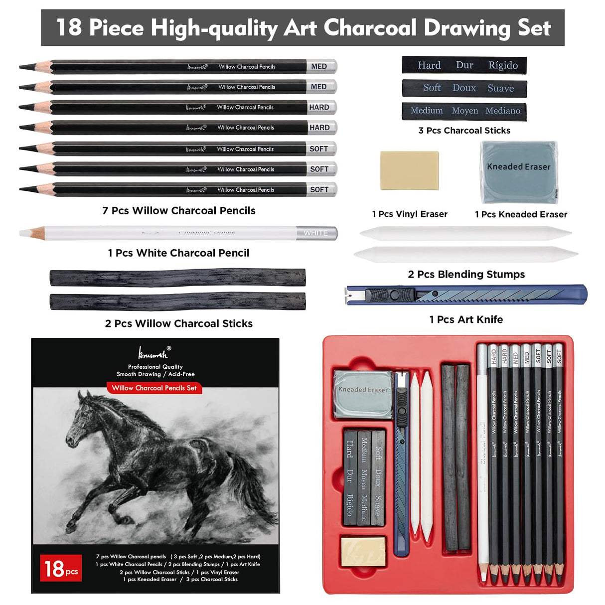 Brusarth Charcoal Pencils for Drawing, 18 Pcs Art Pencil Kit, Professional Sketching Pencil, Art Supplies for Drawing, Shading, Sketching, Blending, Artist Pencils for Beginners & Artists Brusarth