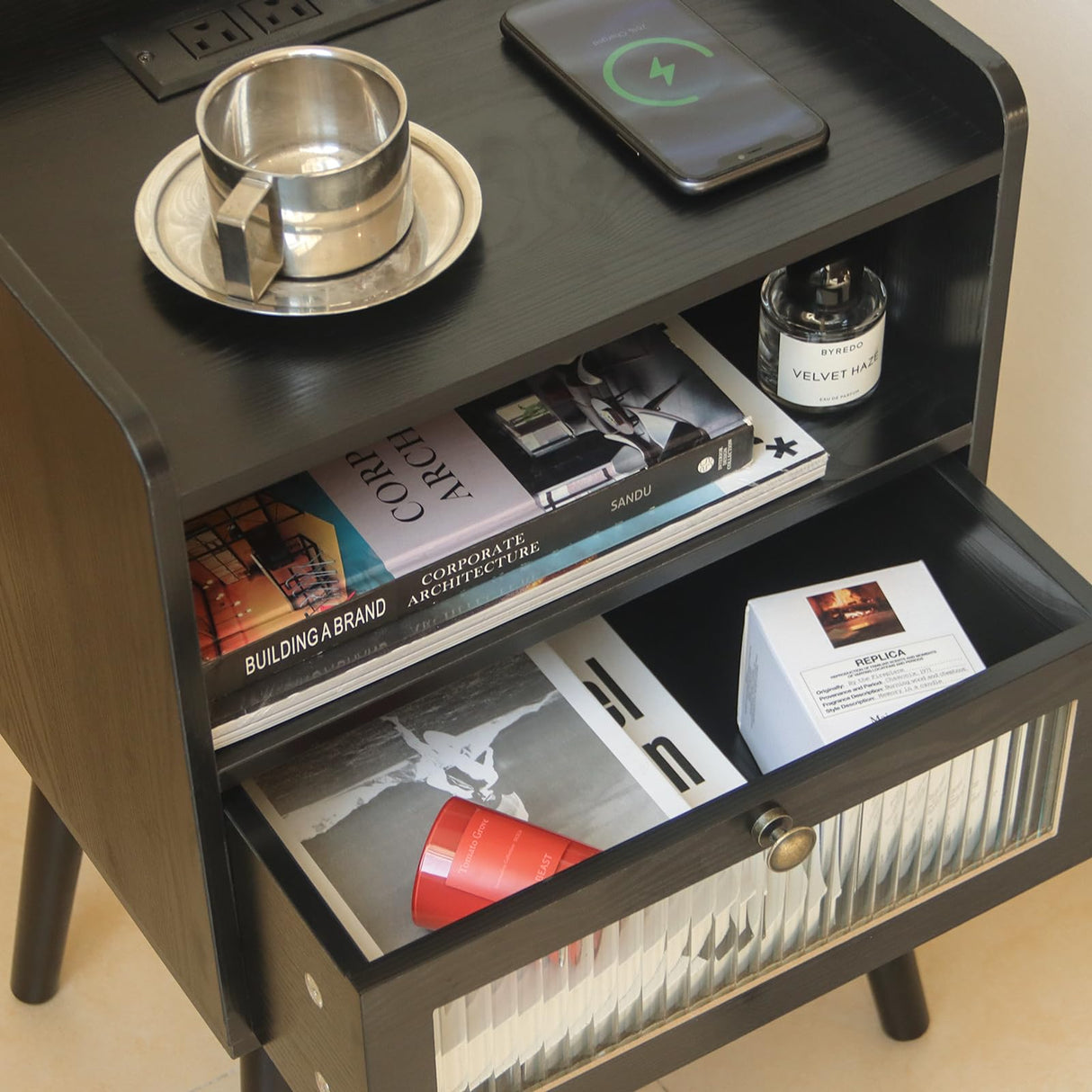 AWASEN Black Nightstand with Charging Station, Modern Bedside Table with Glass Decorative Drawer, Small End Table Side Table with 2 Tiers Storage Space, for Bedroom, Office and Small Space (Black) AWASEN