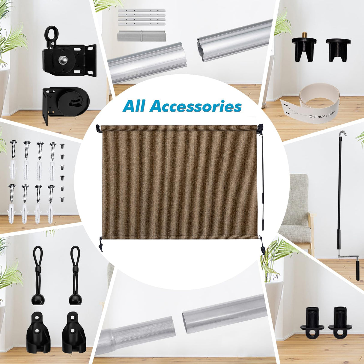 Artpuch Outdoor Roller Shade 8'(W) x8'(H) Fabric Blind Mocha 220GSM Roll Up Shade, Wand Operation Exterior Roller Shade Cloth for Patio Porch Gazebo, Spliced of Two Sections Artpuch