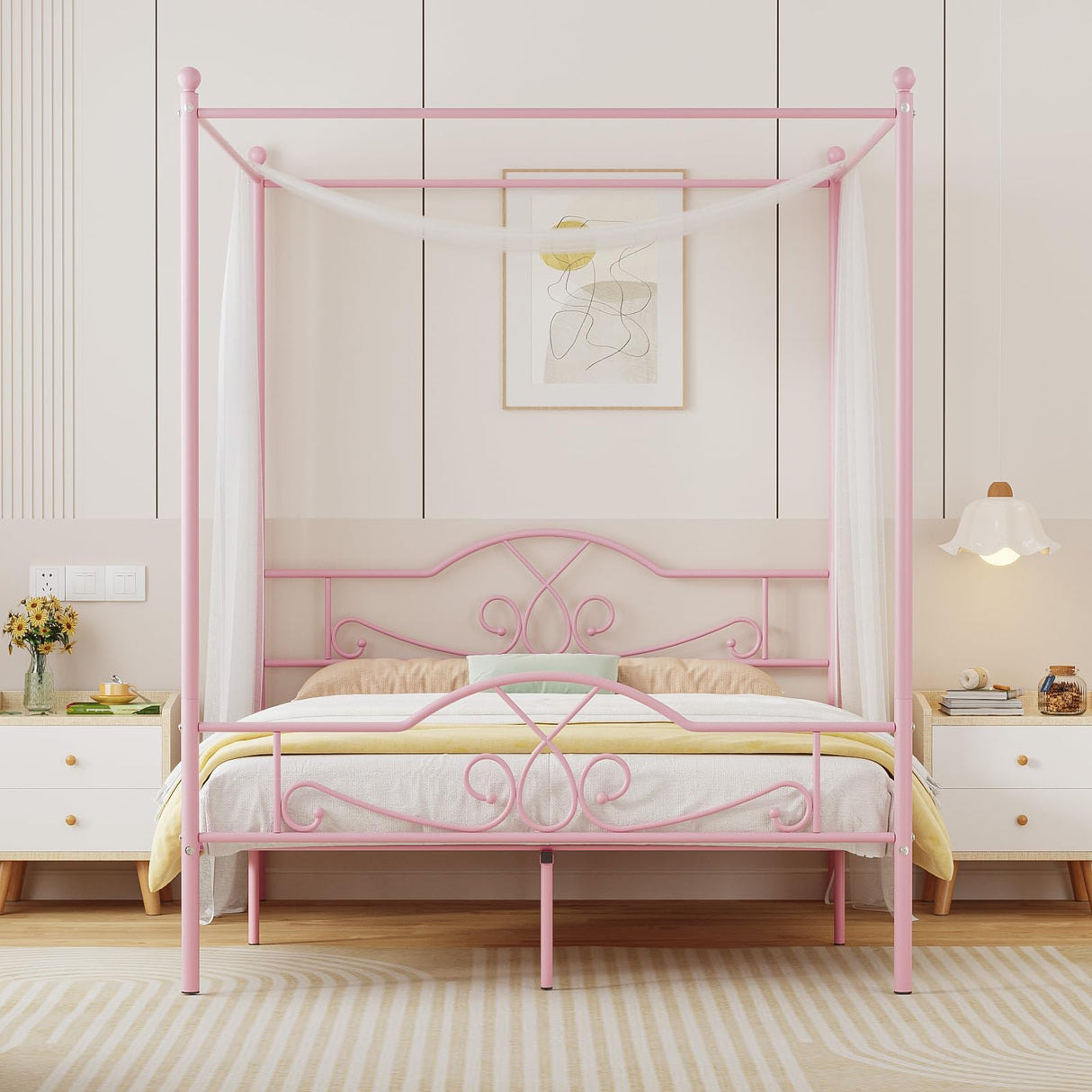 Weehom Full Canopy Bed Frame with Headboard and Footboard, Four-Poster Metal Canopied Platform Bed Mattress Foundation Underbed Storage Space No Box Spring Needed for Girls Adults Pink Weehom