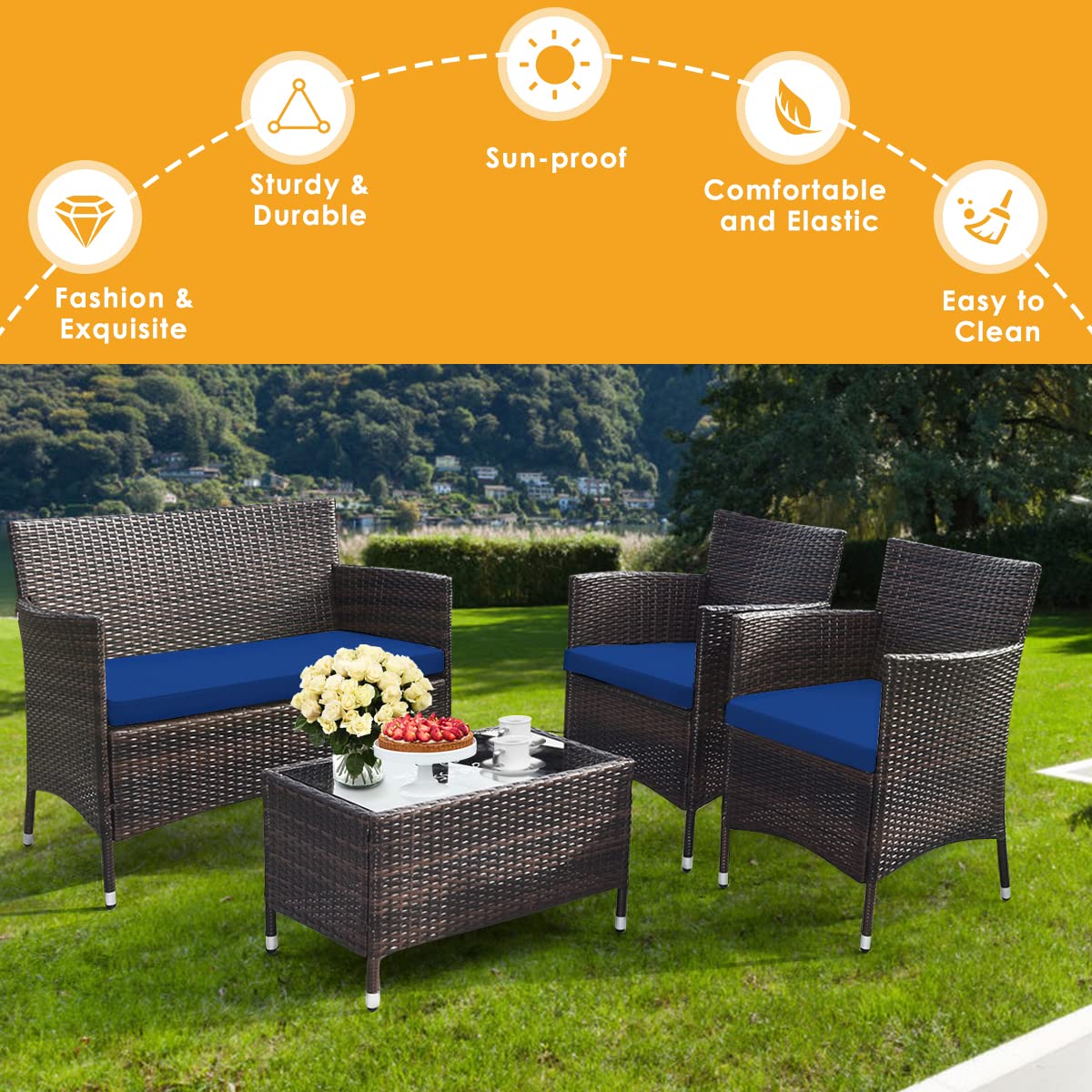 Goplus 4-Piece Rattan Patio Set, Outdoor/Indoor Wicker Conversation Set for Pool, Backyard, Lawn, Wicker Chairs and Sofa with Soft Cushion, Rattan Furniture with Tempered Glass Coffee Table Goplus