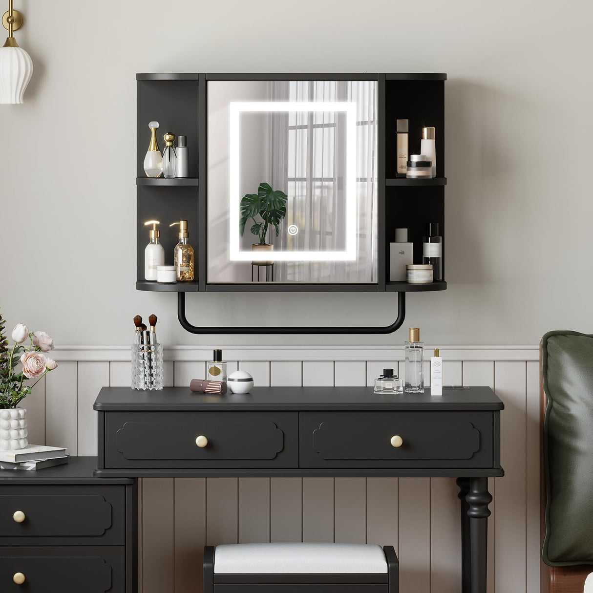 Bathroom Wall Cabinet with Mirror, Mirrored Medicine Cabinet with 3 Colors LED Light and 4 Open Shelves, Wall Mounted Over Toilet Storage Cabinets with Adjustable Shelf, 21.7"L x 6.7"W x 18.1"H, Black MAHANCRIS